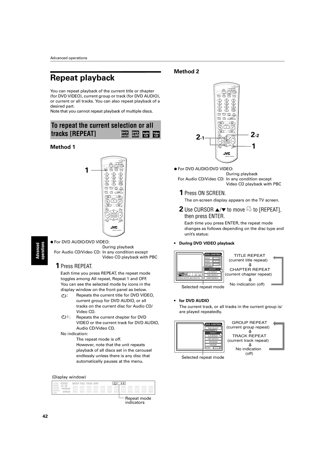 JVC LV42740-001A manual Repeat playback, To repeat the current selection or all tracks Repeat, Press Repeat, For DVD Audio 