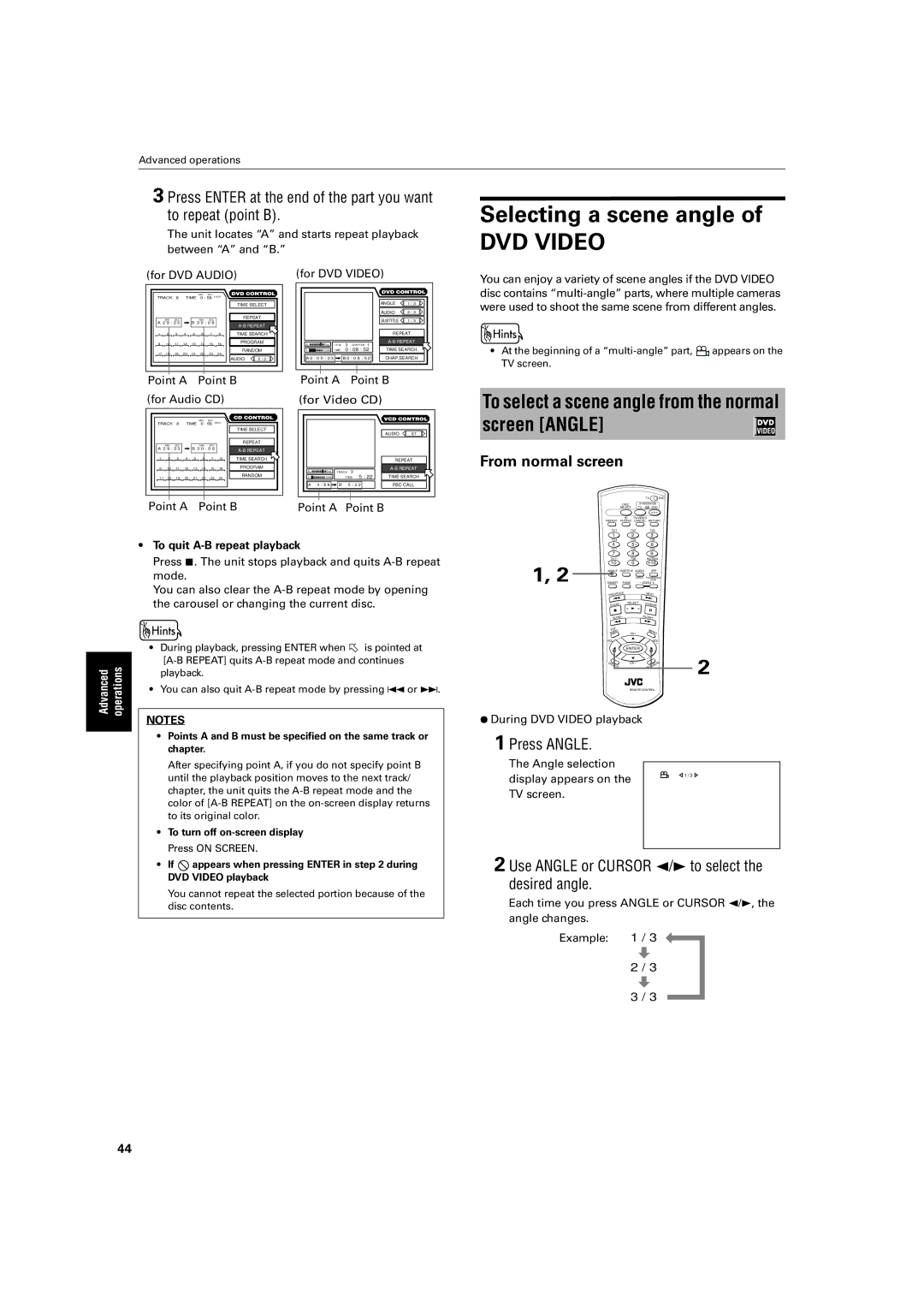 JVC LV42740-001A manual Selecting a scene angle, To select a scene angle from the normal screen Angle, From normal screen 