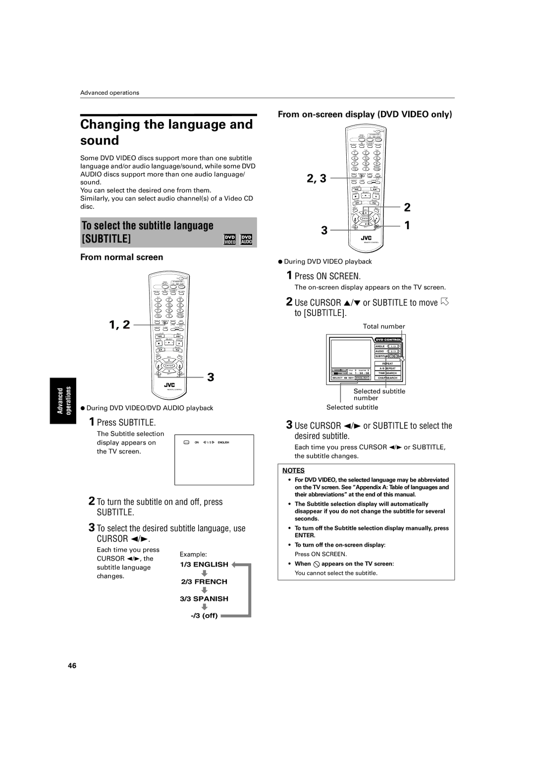 JVC LV42740-001A manual Changing the language and sound, To select the subtitle language Subtitle 