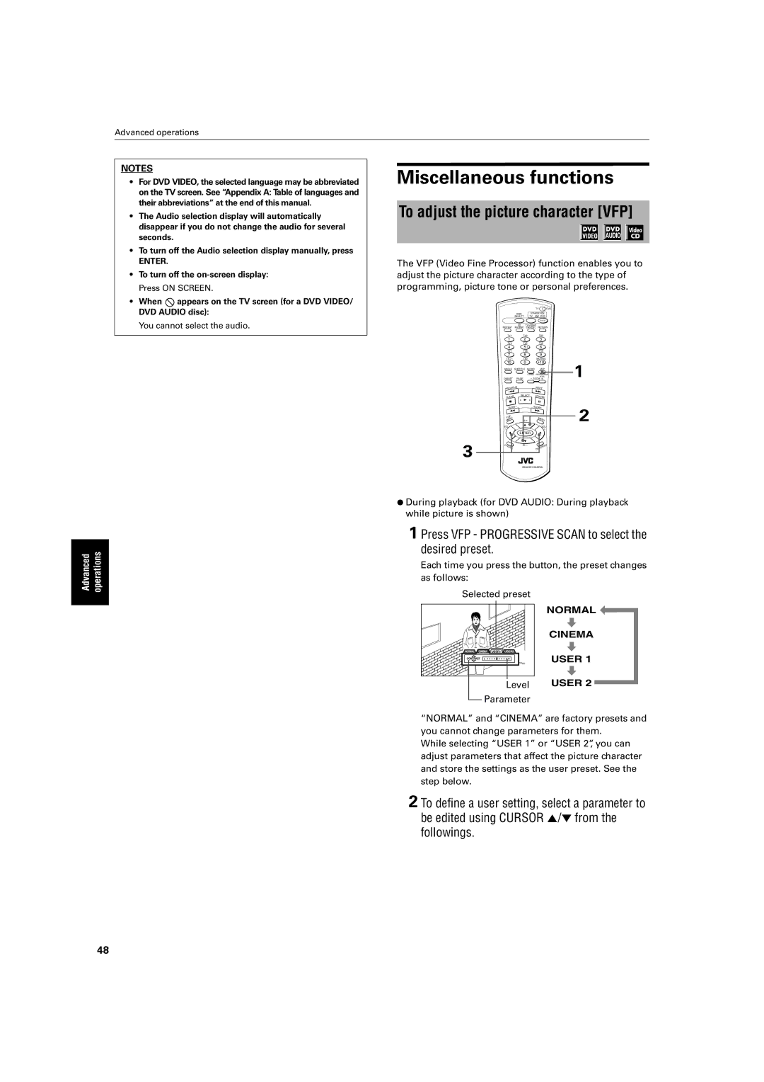 JVC LV42740-001A manual Miscellaneous functions, To adjust the picture character VFP, Selected preset 