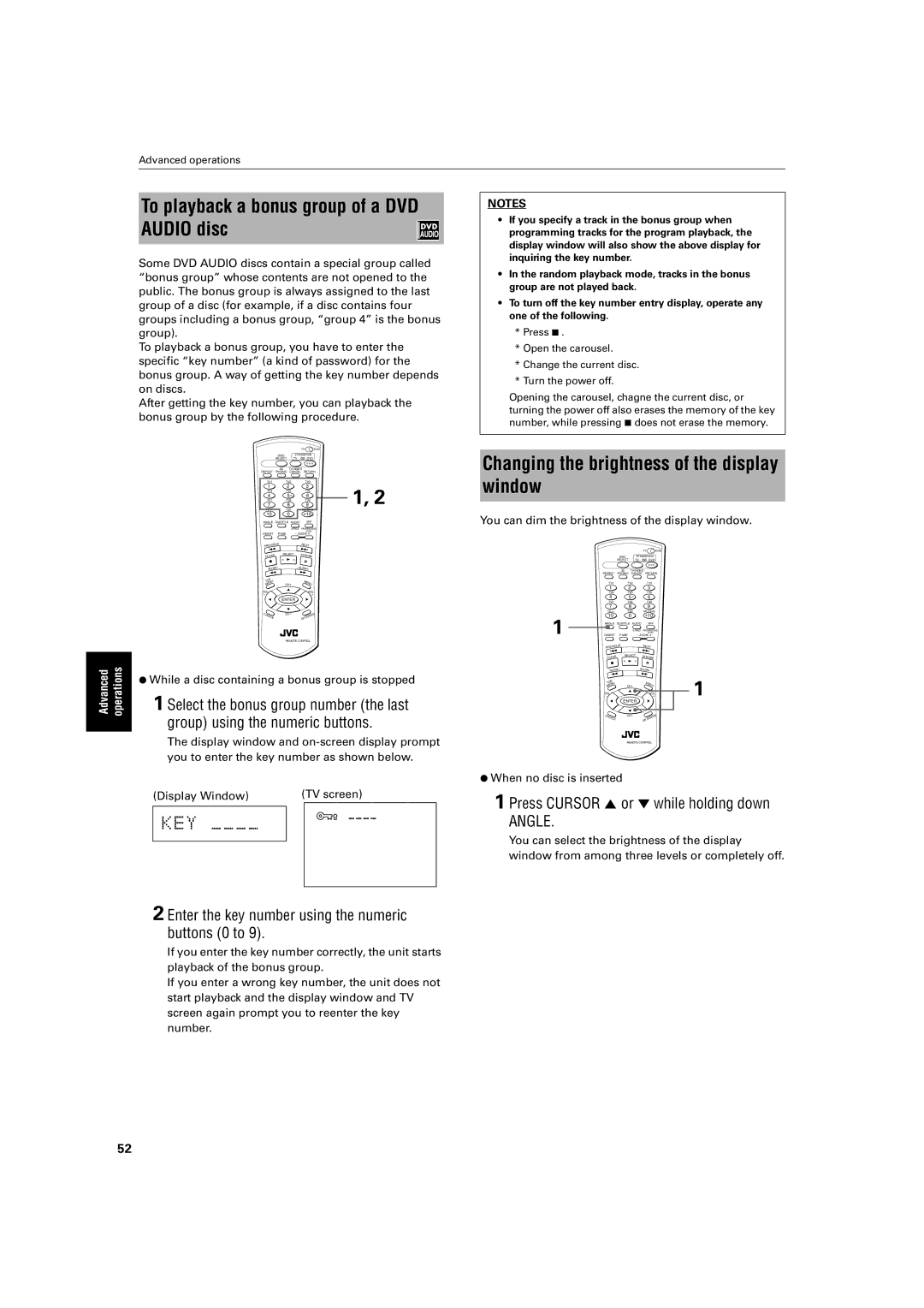 JVC LV42740-001A manual To playback a bonus group of a DVD Audio disc, Press Cursor 5 or ∞ while holding down 