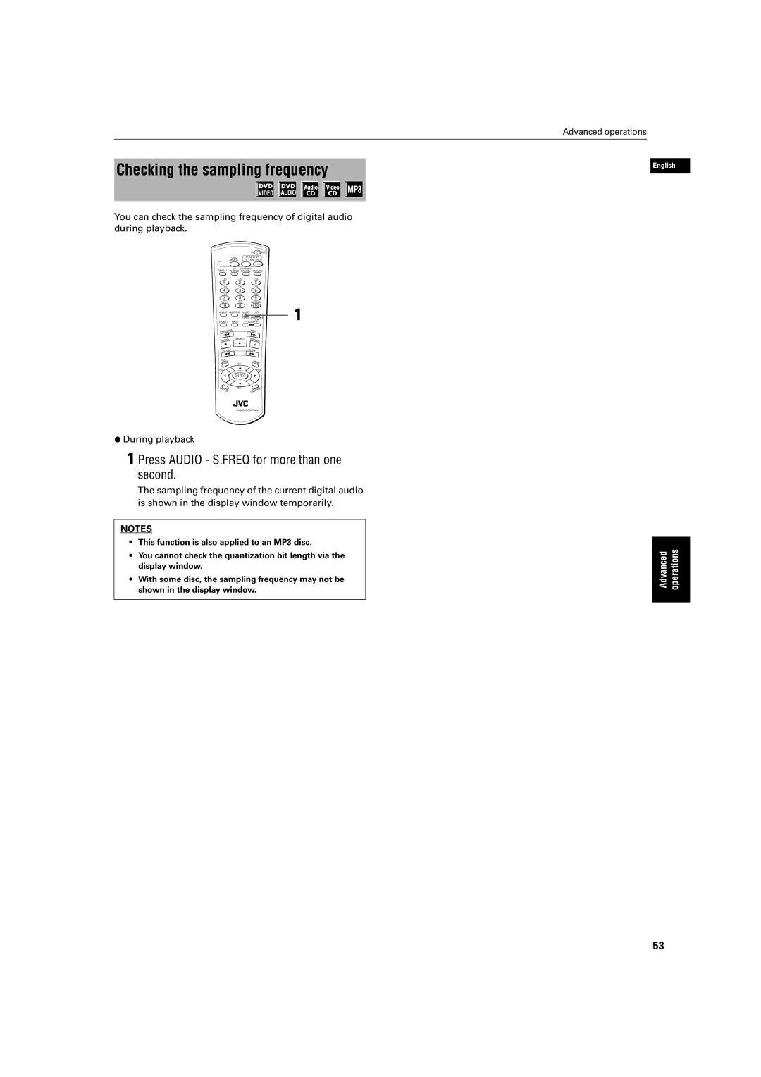 JVC LV42740-001A manual Checking the sampling frequency, Press Audio S.FREQ for more than one second 