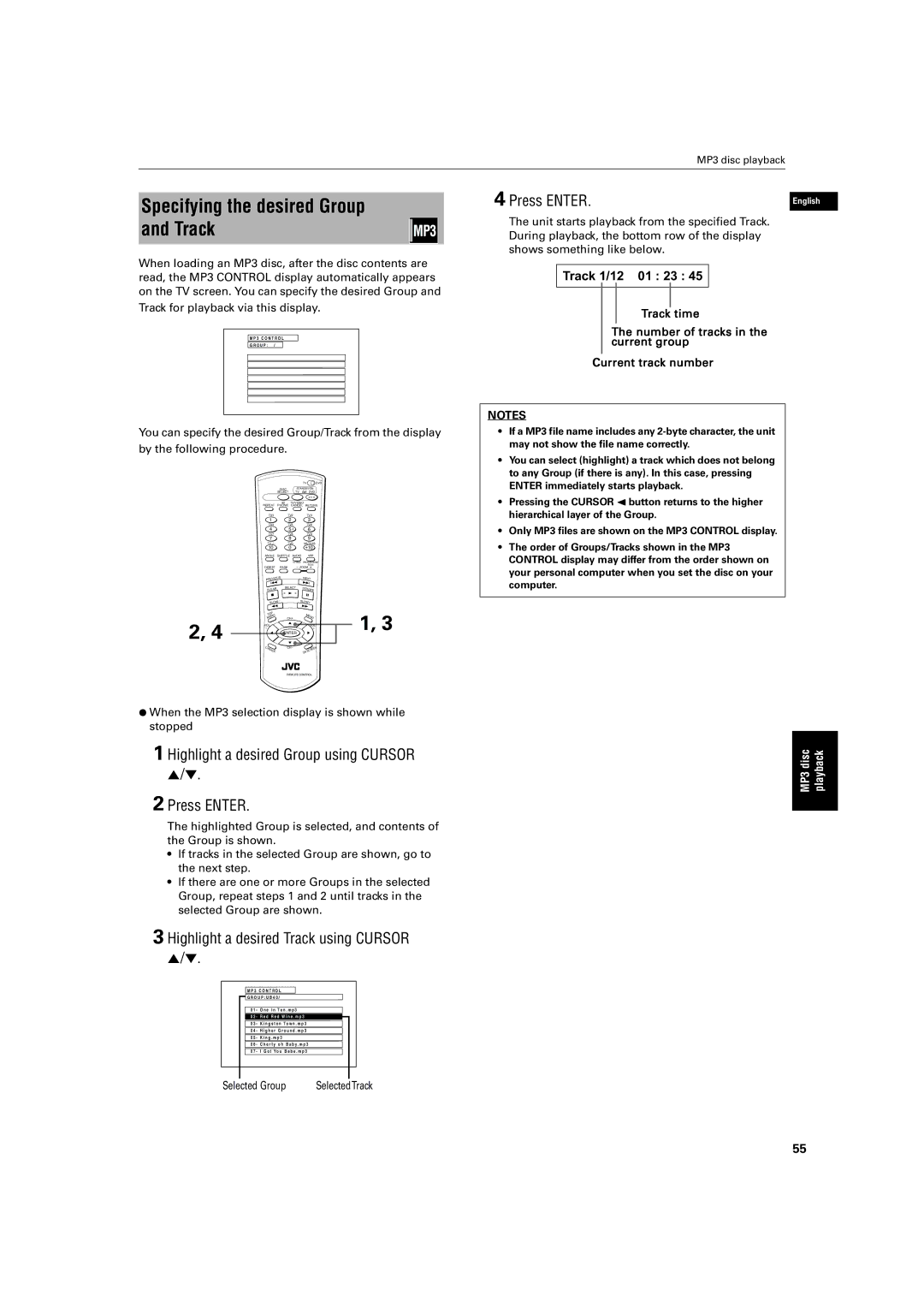 JVC LV42740-001A Specifying the desired Group and Track, Highlight a desired Group using Cursor Press Enter, Track time 