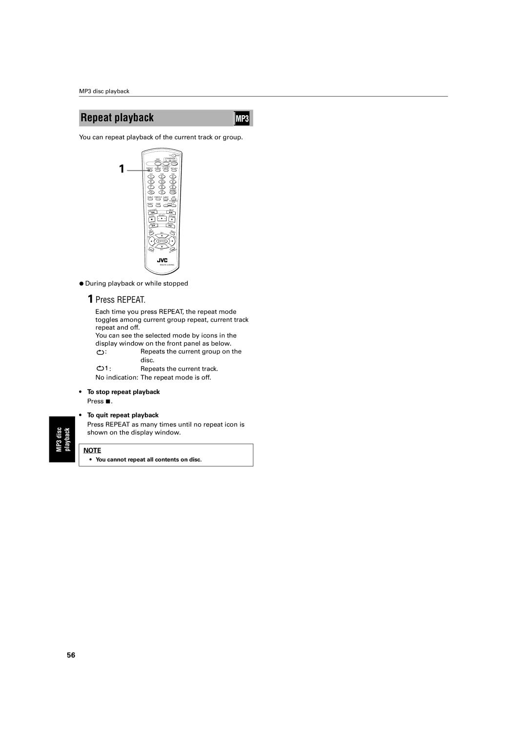 JVC LV42740-001A manual Repeat playback, You can repeat playback of the current track or group 