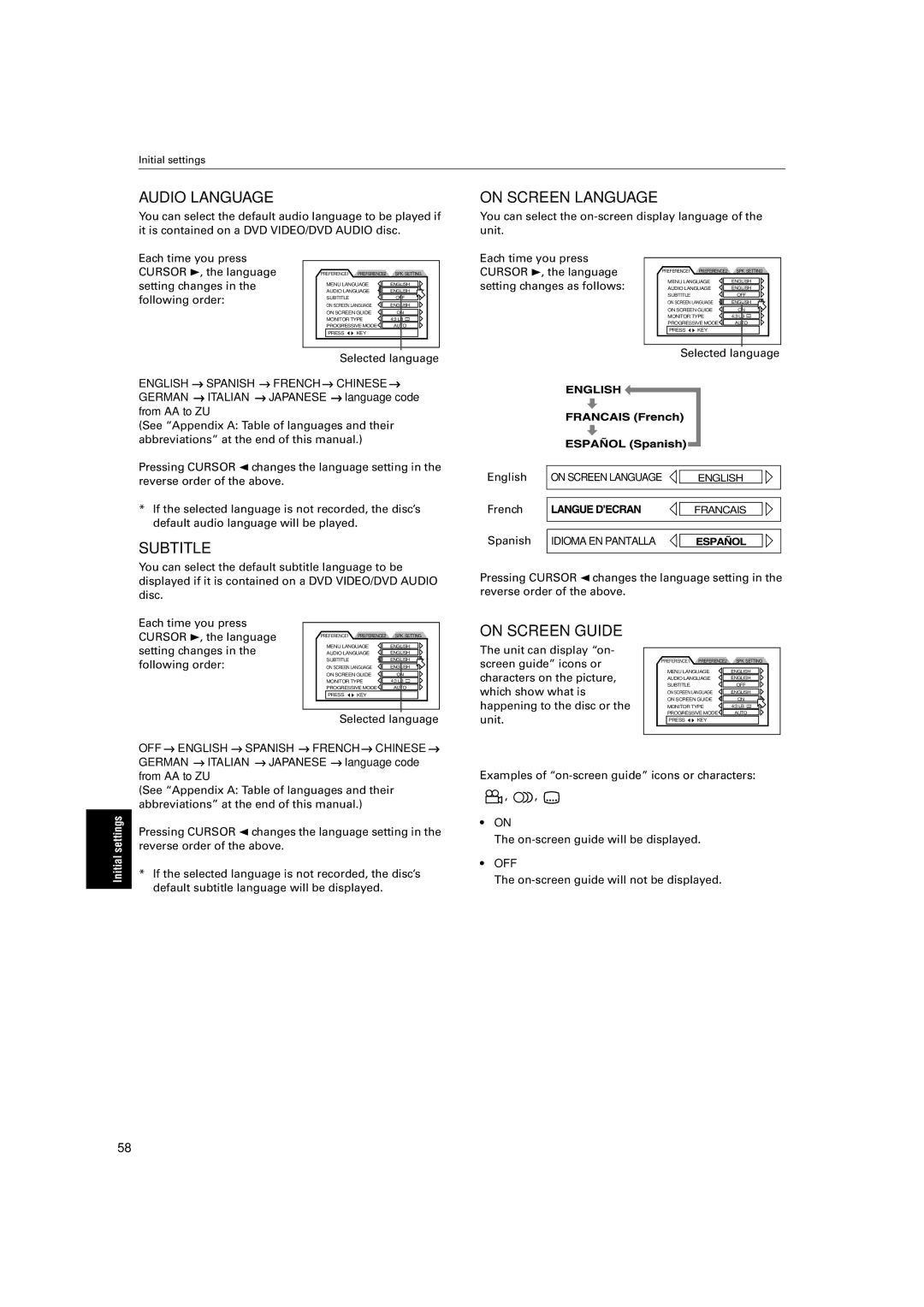 JVC LV42740-001A manual Setting changes as follows, Unit can display on Screen guide icons or, Characters on the picture 