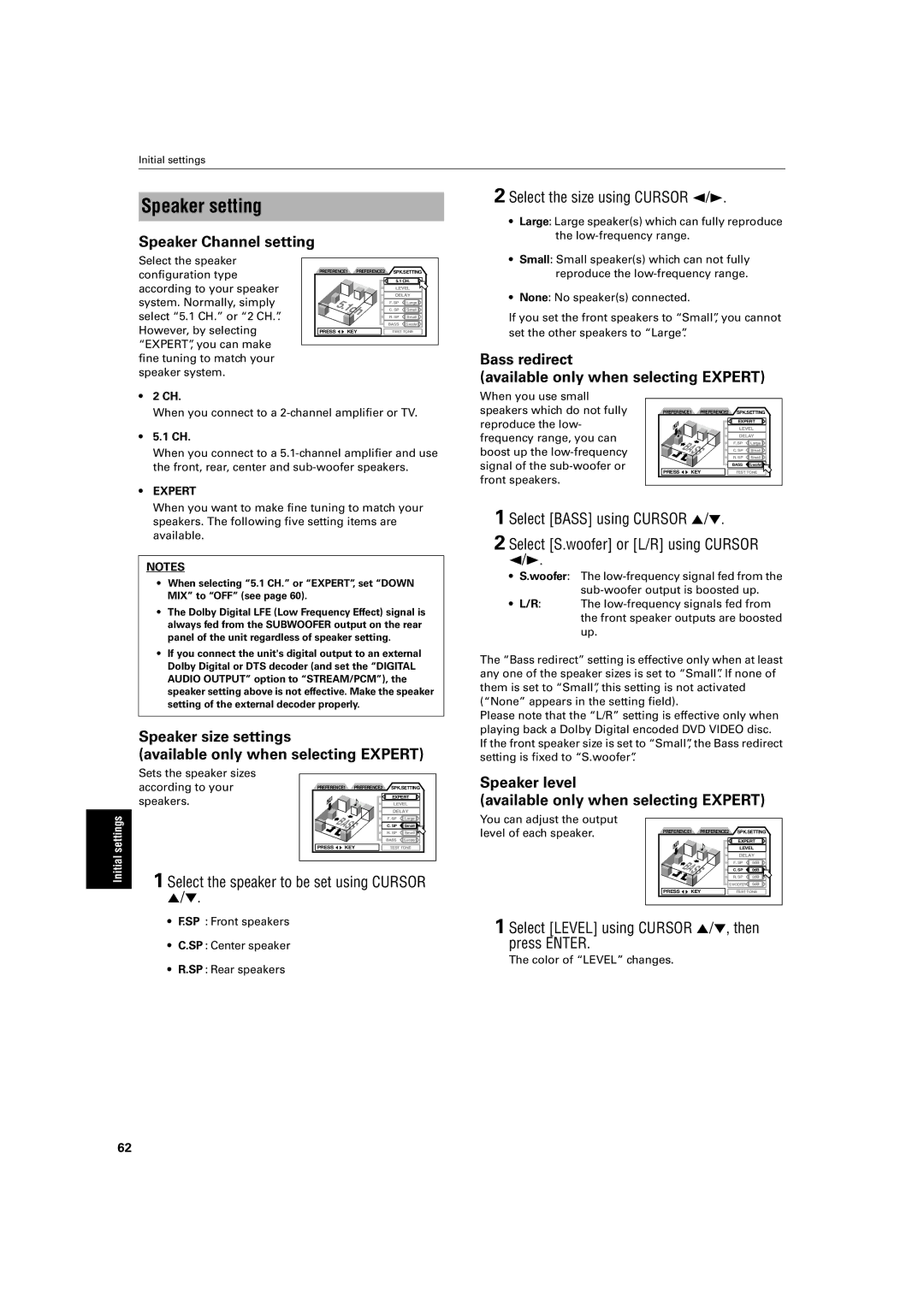 JVC LV42740-001A manual Speaker setting, Speaker Channel setting, Bass redirect Available only when selecting Expert 