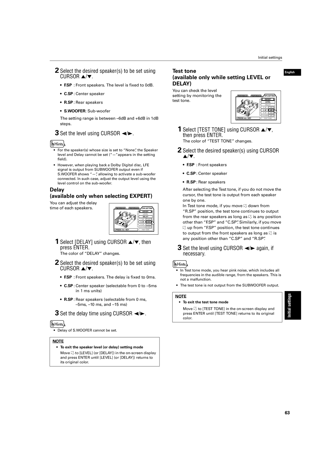 JVC LV42740-001A manual Test tone Available only while setting Level or, Delay Available only when selecting Expert 