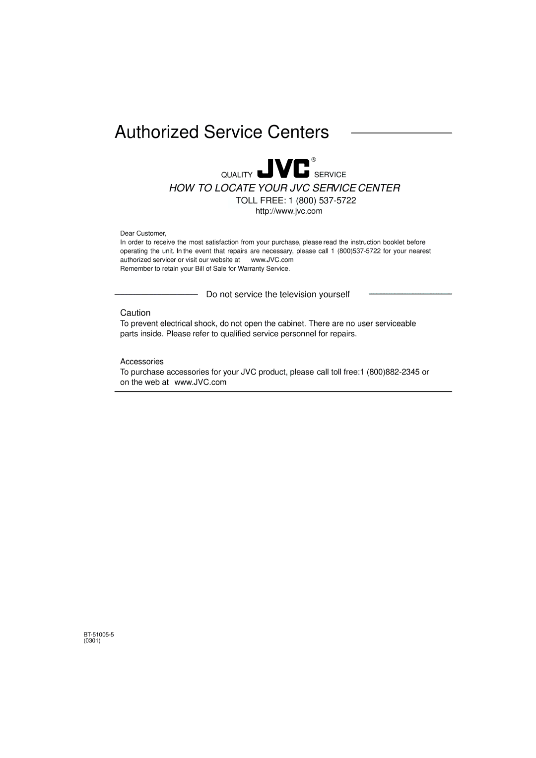 JVC LV42740-001A manual Authorized Service Centers 