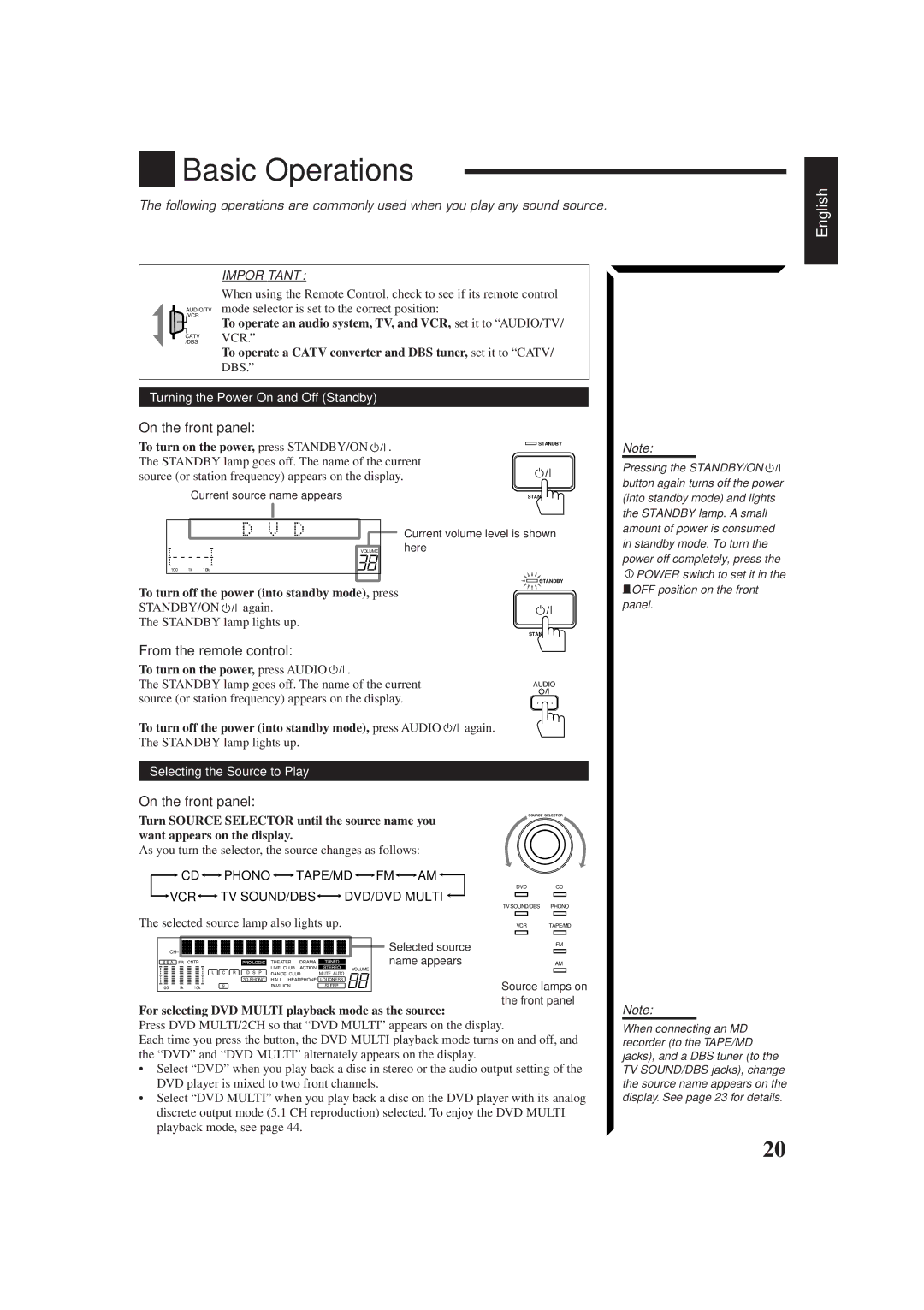 JVC RM-SR774XU manual Basic Operations, On the front panel, From the remote control, Turning the Power On and Off Standby 