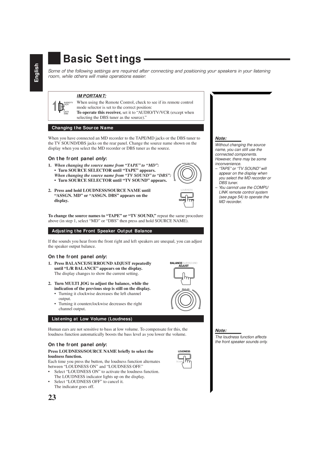 JVC RM-SR774XU, LVT0014-001A manual Basic Settings, Changing the Source Name, Adjusting the Front Speaker Output Balance 