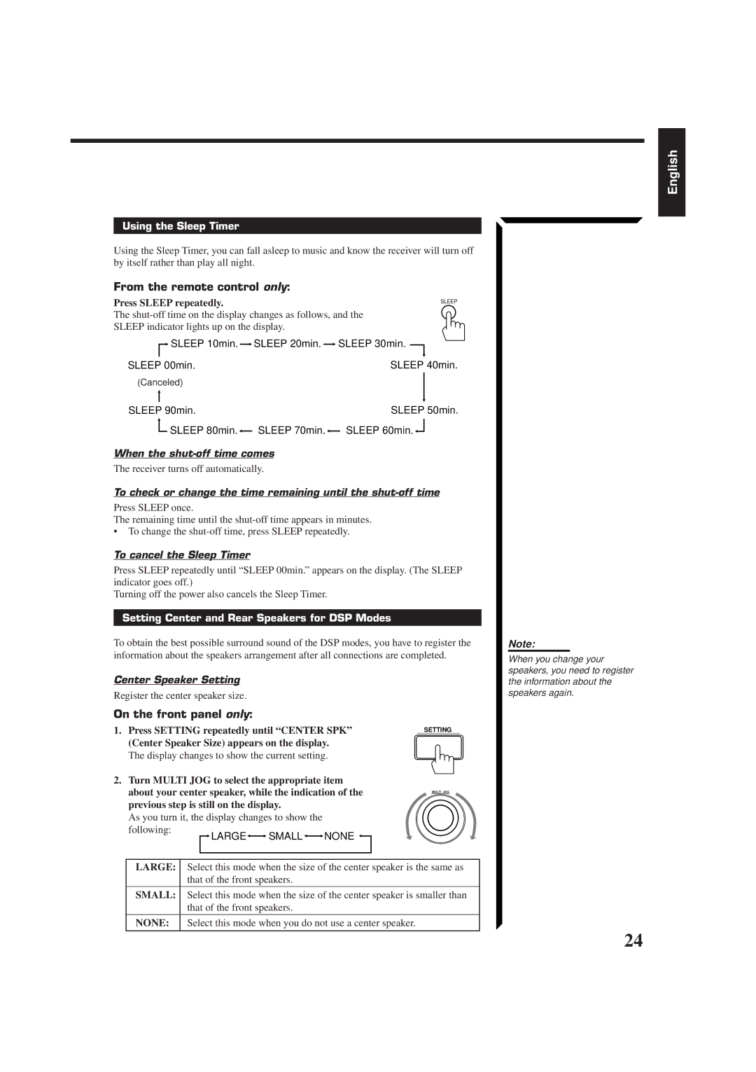 JVC LVT0014-001A Using the Sleep Timer, When the shut-off time comes, To cancel the Sleep Timer, Center Speaker Setting 