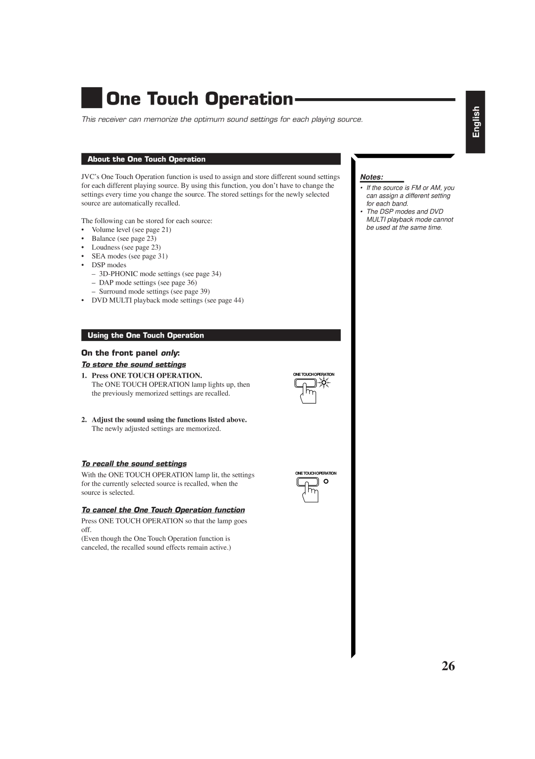 JVC RM-SR774XU, LVT0014-001A, RX-774PBK manual One Touch Operation, To store the sound settings, To recall the sound settings 