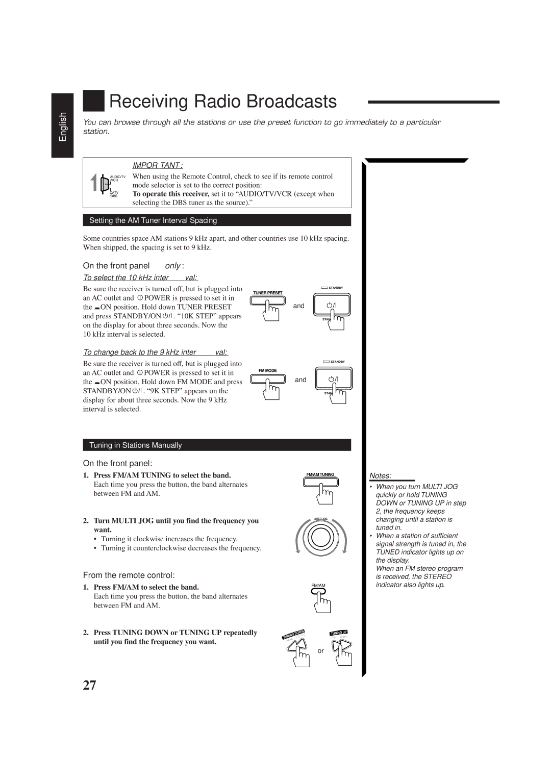 JVC LVT0014-001A manual Receiving Radio Broadcasts, Setting the AM Tuner Interval Spacing, To select the 10 kHz interval 