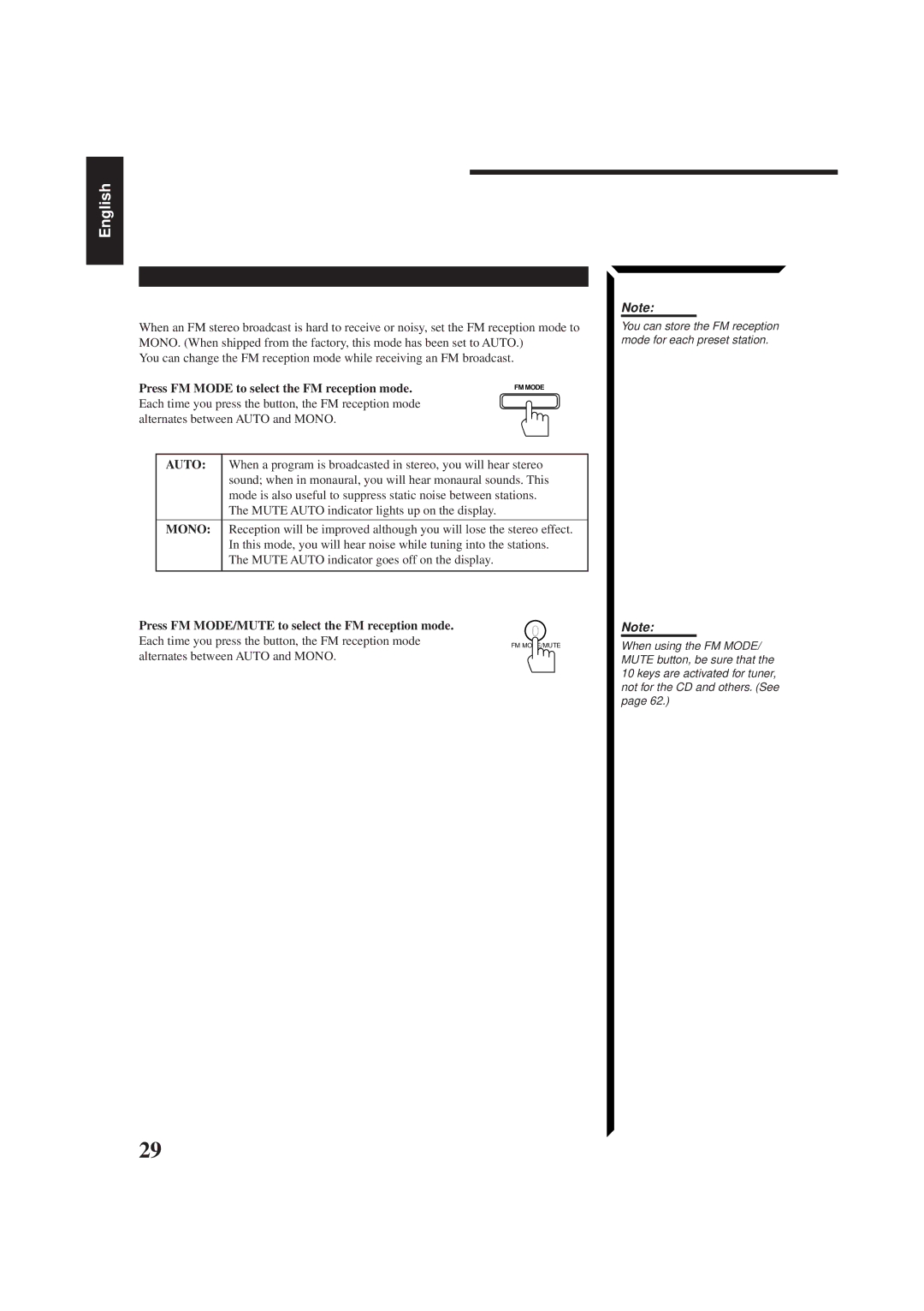 JVC RM-SR774XU, LVT0014-001A, RX-774PBK manual Receiving Radio Broadcasts, Selecting the FM Reception Mode, Auto, Mono 