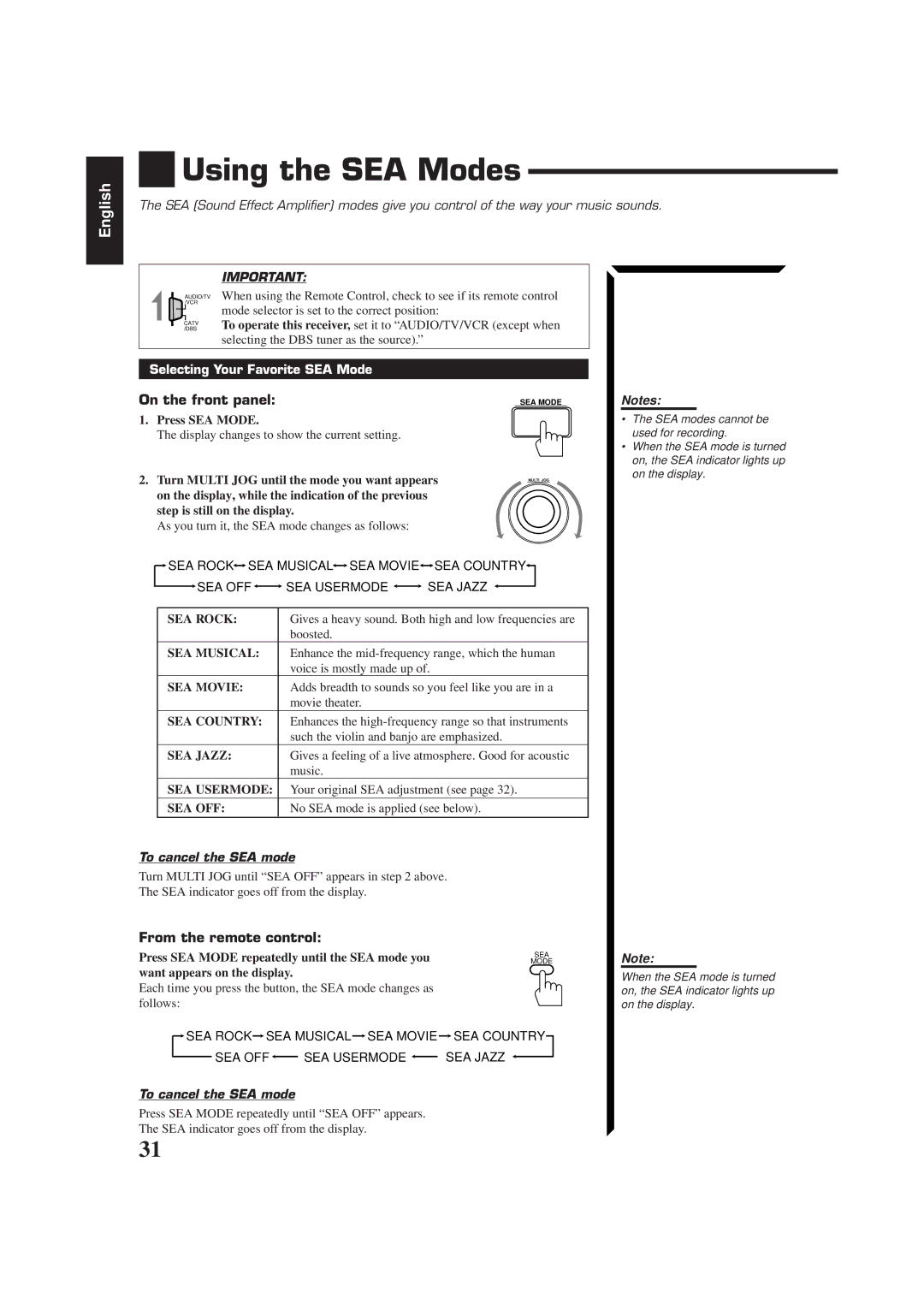 JVC RX-774PBK, LVT0014-001A, RM-SR774XU manual Using the SEA Modes, Selecting Your Favorite SEA Mode, To cancel the SEA mode 