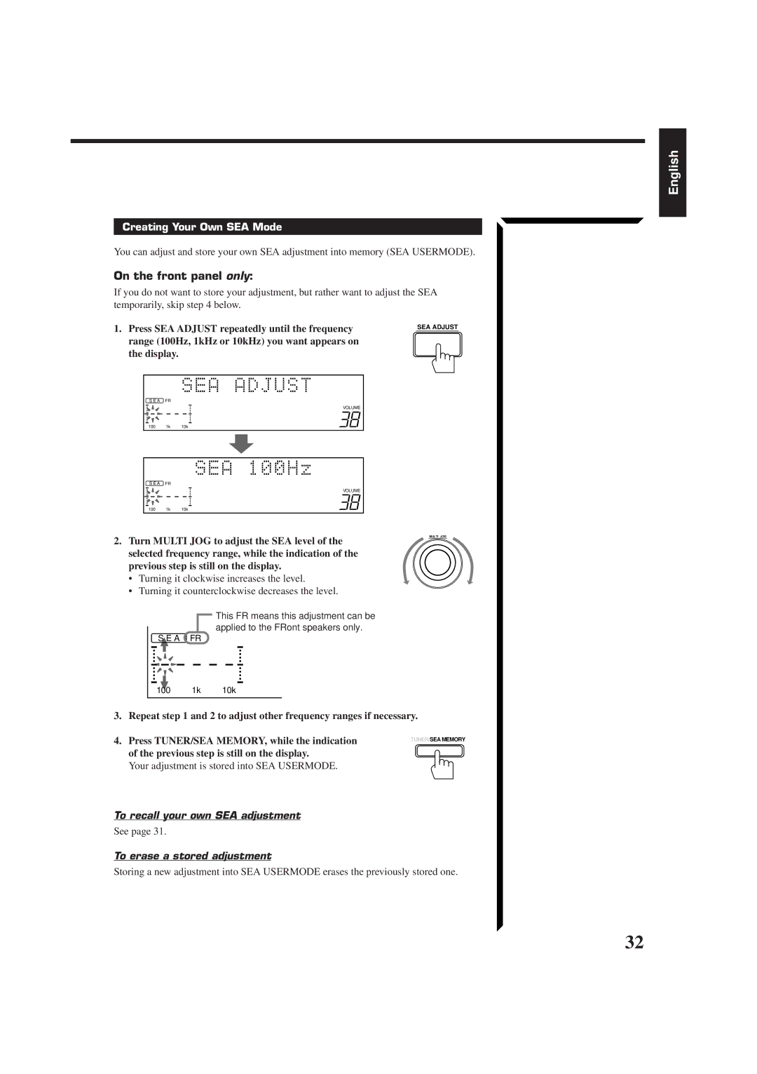 JVC RM-SR774XU Creating Your Own SEA Mode, Your adjustment is stored into SEA Usermode, To recall your own SEA adjustment 