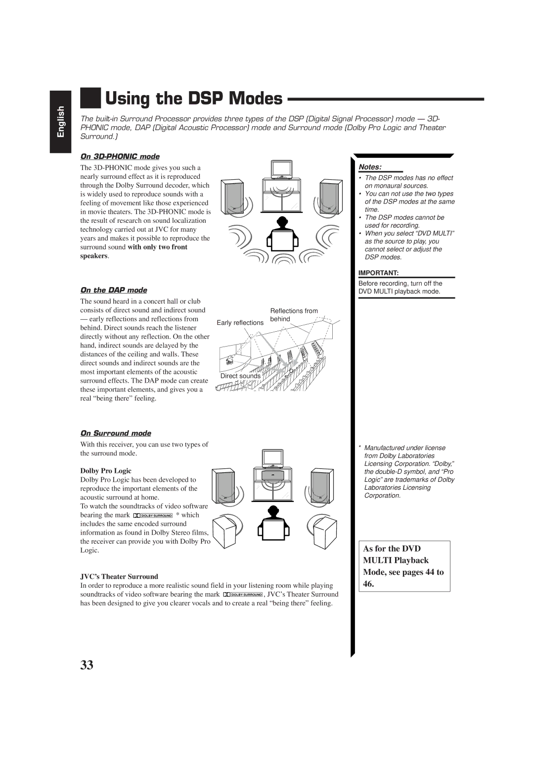 JVC LVT0014-001A, RX-774PBK, RM-SR774XU manual Using the DSP Modes, On 3D-PHONIC mode, On the DAP mode, On Surround mode 