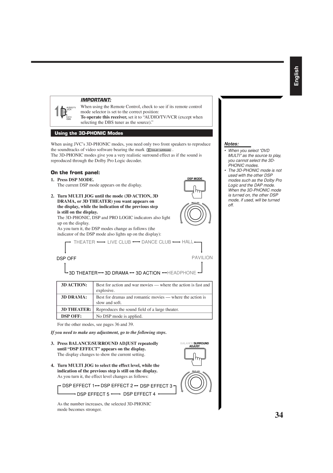 JVC RX-774PBK, LVT0014-001A, RM-SR774XU manual Using the 3D-PHONIC Modes, 3D Action, 3D Drama, 3D Theater, Dsp Off 