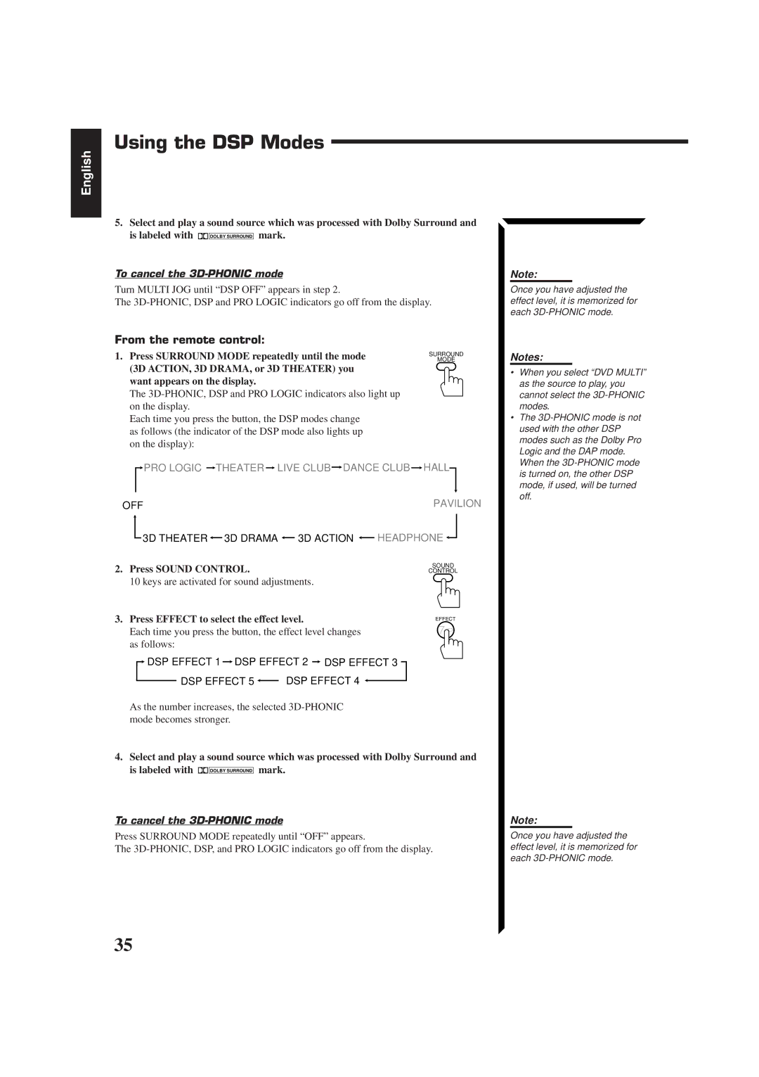 JVC RM-SR774XU, LVT0014-001A, RX-774PBK manual Using the DSP Modes, To cancel the 3D-PHONIC mode, Press Sound Control 