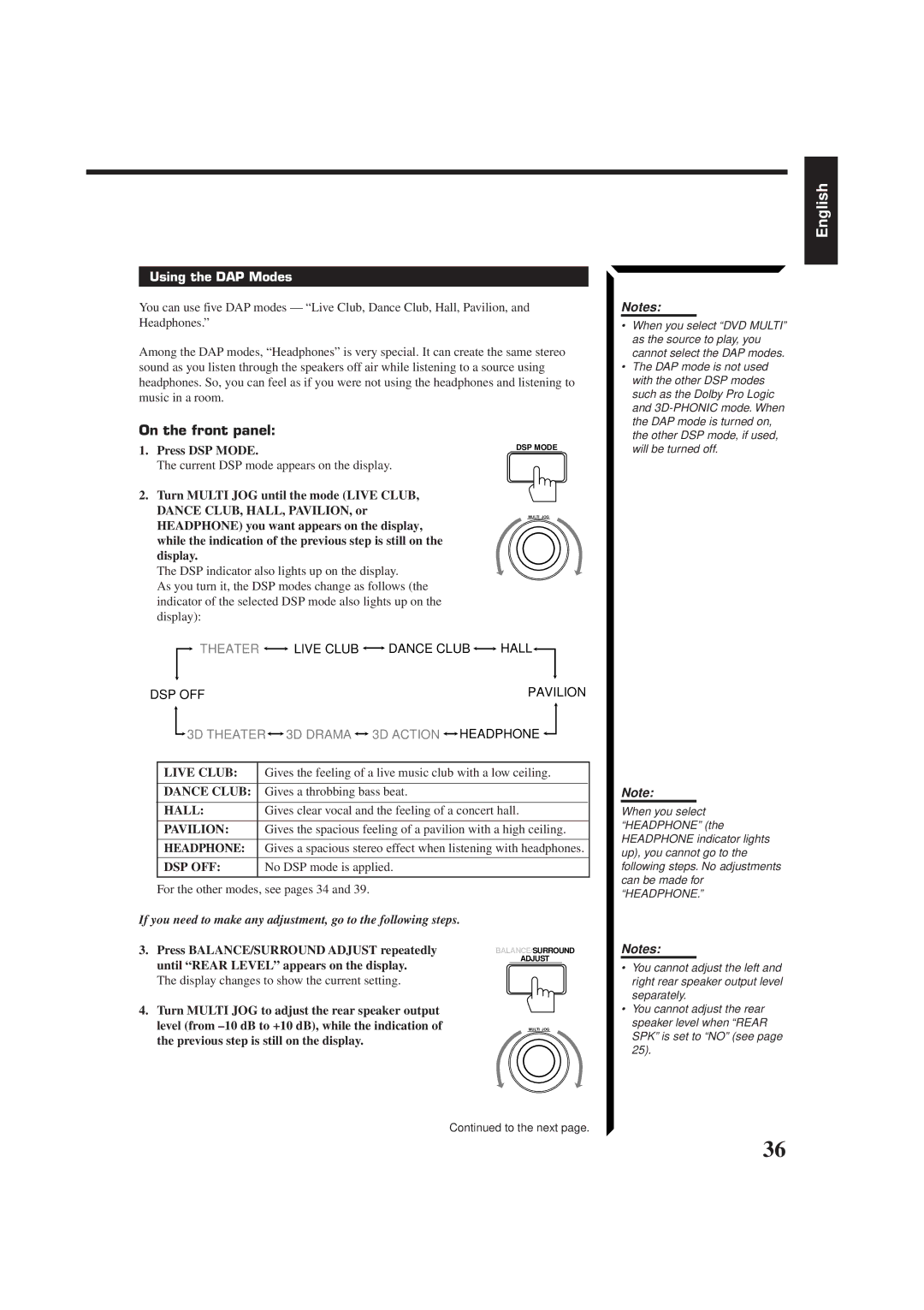 JVC LVT0014-001A, RX-774PBK, RM-SR774XU manual Using the DAP Modes 