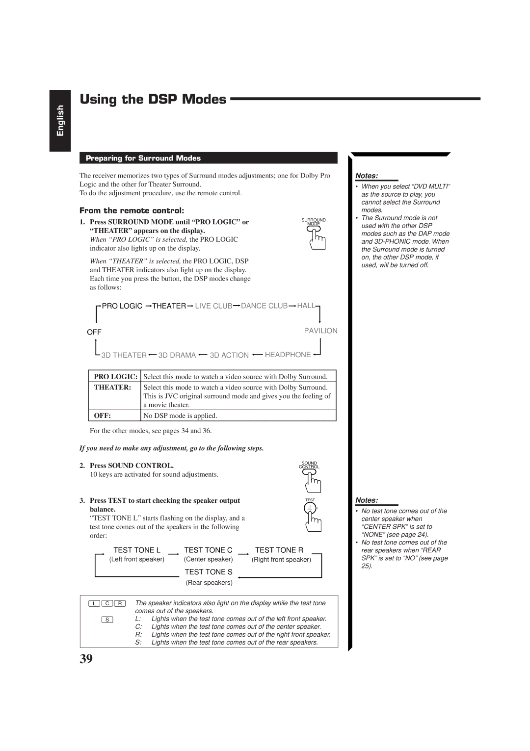 JVC LVT0014-001A, RX-774PBK, RM-SR774XU manual Preparing for Surround Modes, PRO Logic, Theater, Off 