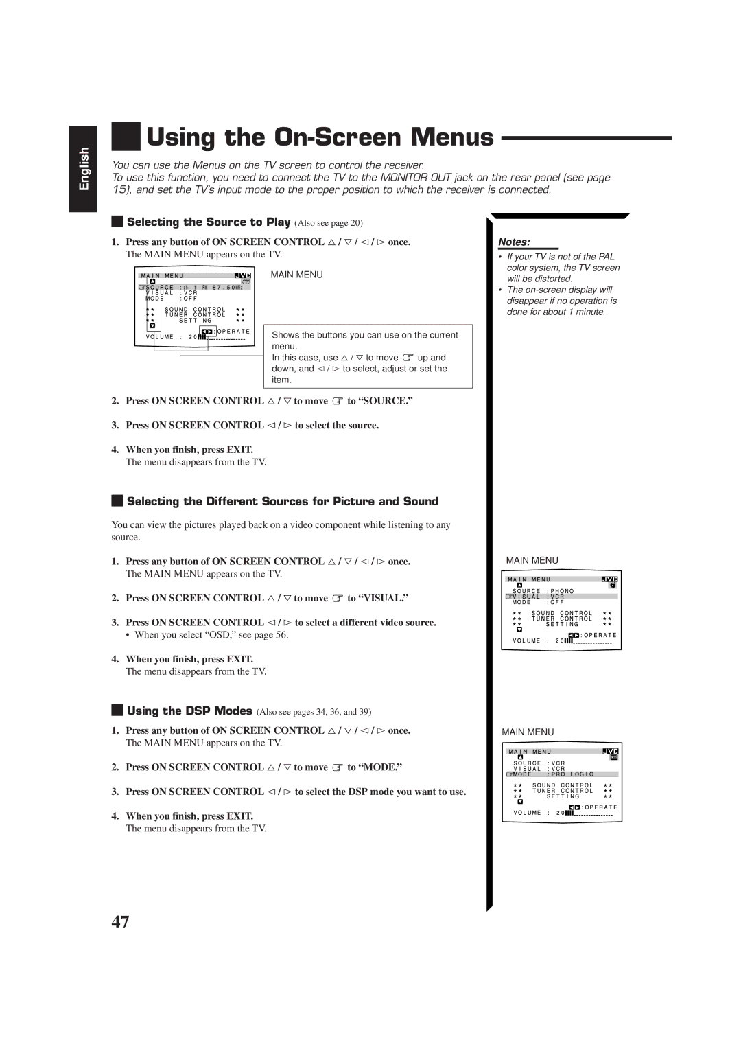 JVC RM-SR774XU, LVT0014-001A Using the On-Screen Menus, Selecting the Source to Play Also see, When you select OSD, see 