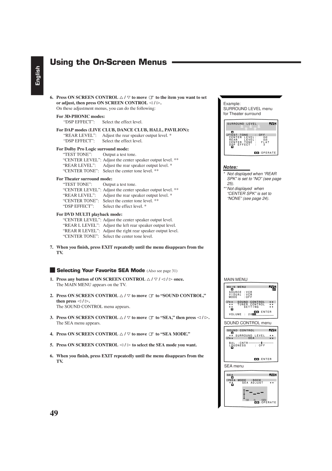 JVC RX-774PBK, LVT0014-001A, RM-SR774XU manual Using the On-Screen Menus, Selecting Your Favorite SEA Mode Also see 