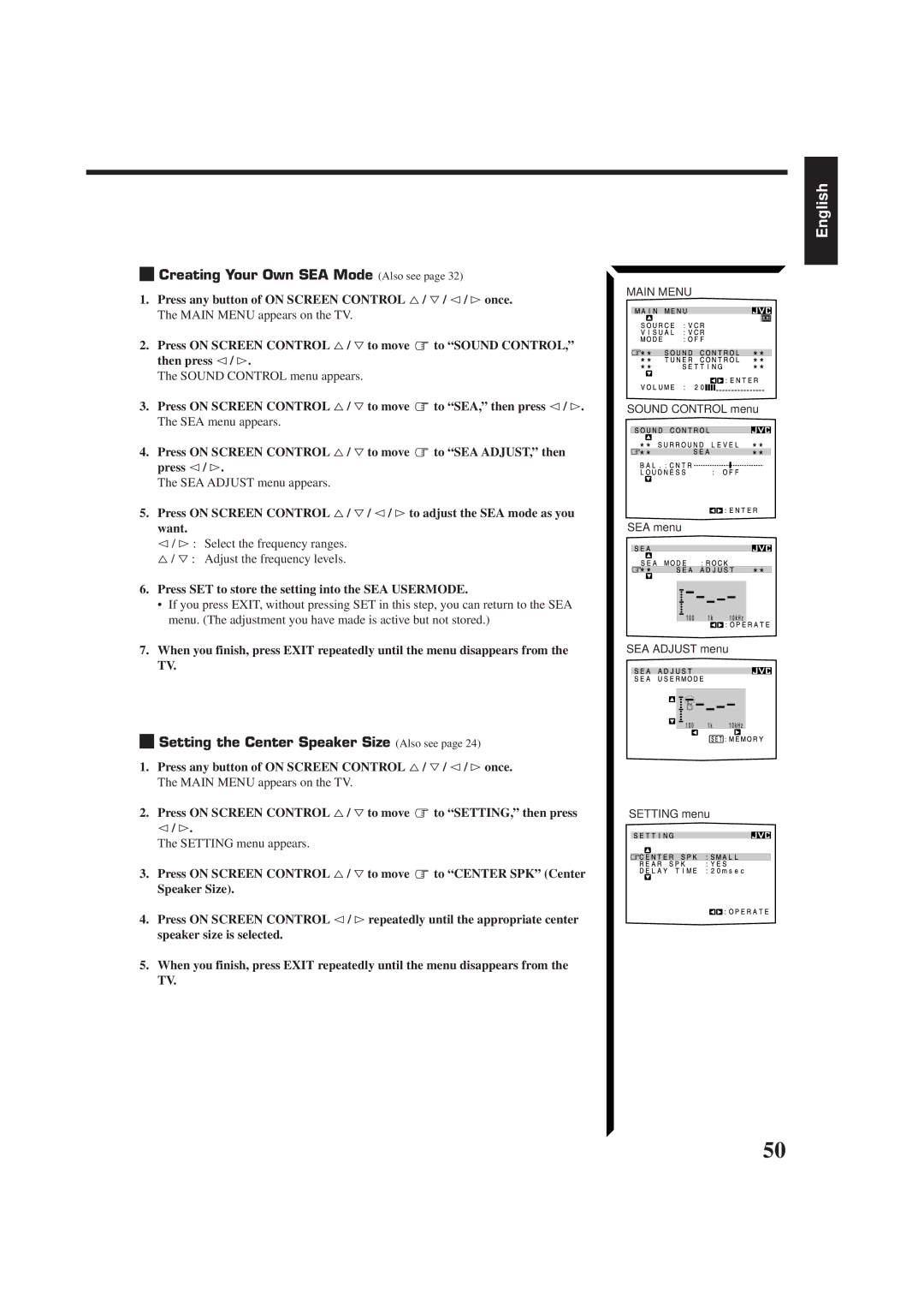 JVC RM-SR774XU Creating Your Own SEA Mode Also see, Setting the Center Speaker Size Also see, SEA Adjust menu appears 