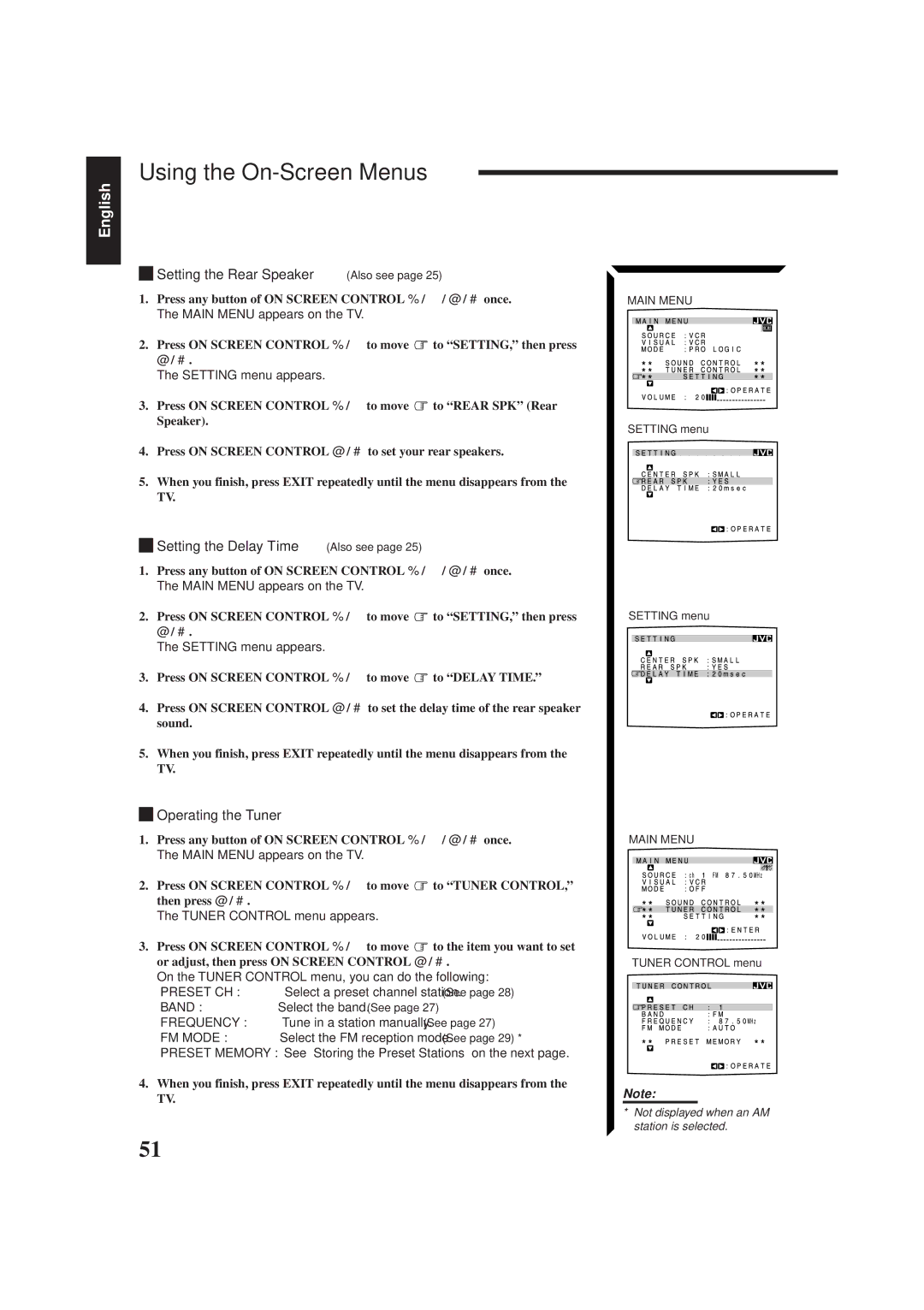 JVC LVT0014-001A, RX-774PBK manual Setting the Rear Speaker Also see, Setting the Delay Time Also see, Operating the Tuner 