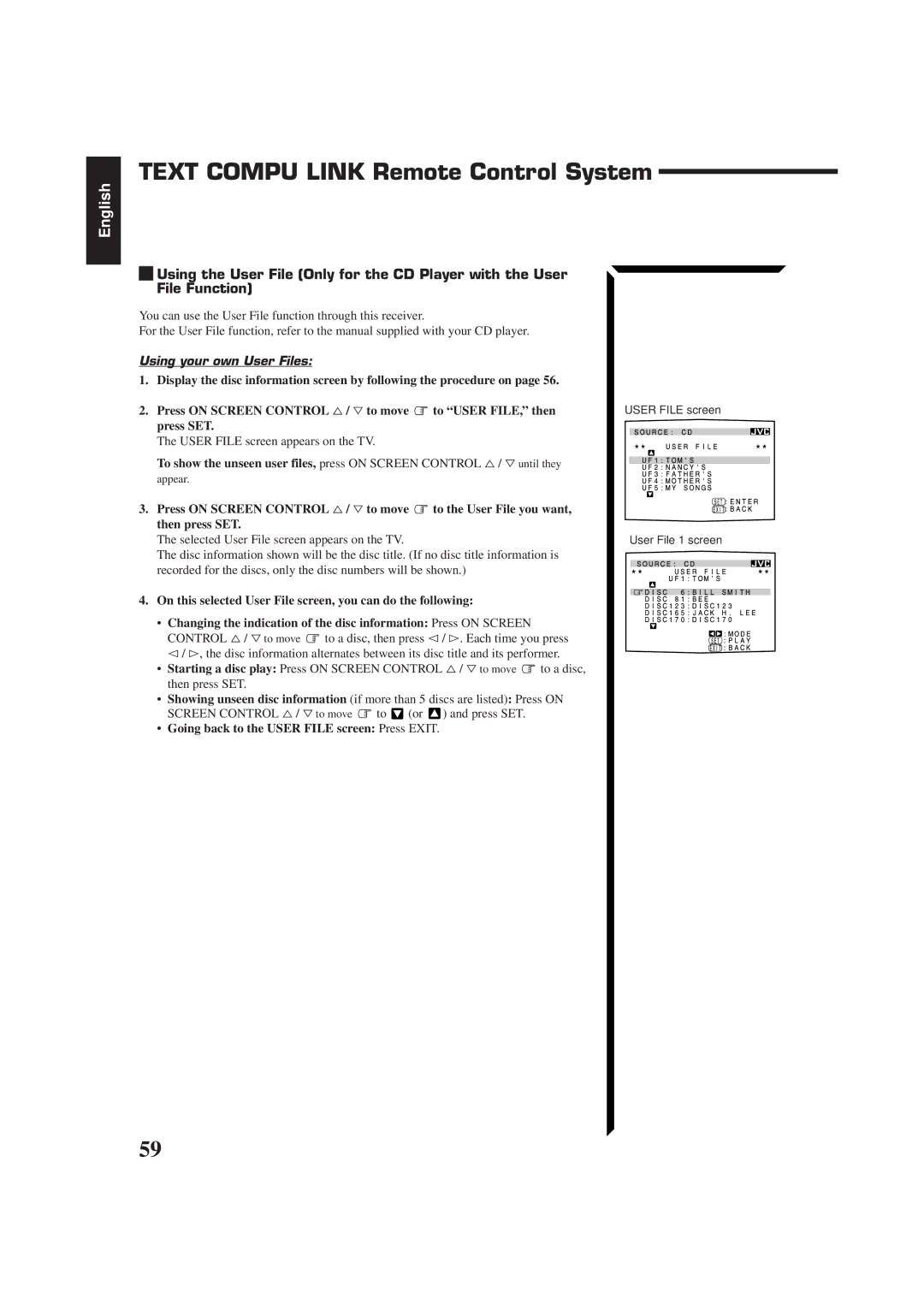 JVC RM-SR774XU, LVT0014-001A, RX-774PBK manual Using your own User Files, User File screen appears on the TV 