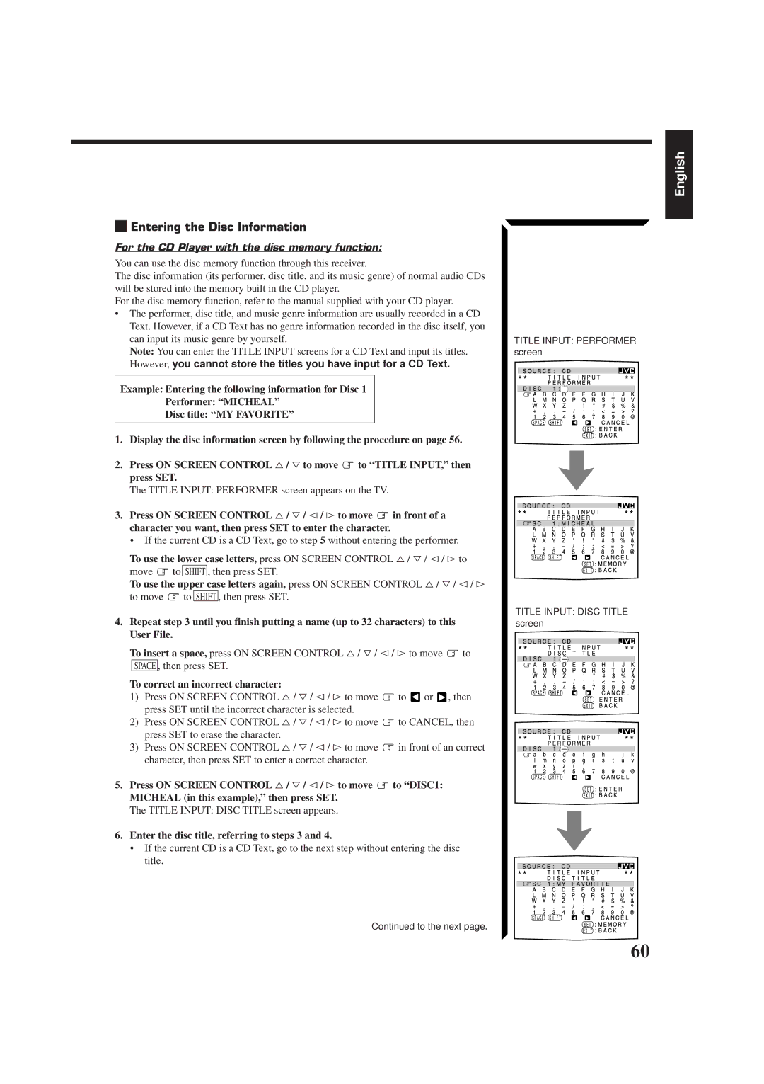 JVC LVT0014-001A, RX-774PBK, RM-SR774XU manual Entering the Disc Information, For the CD Player with the disc memory function 