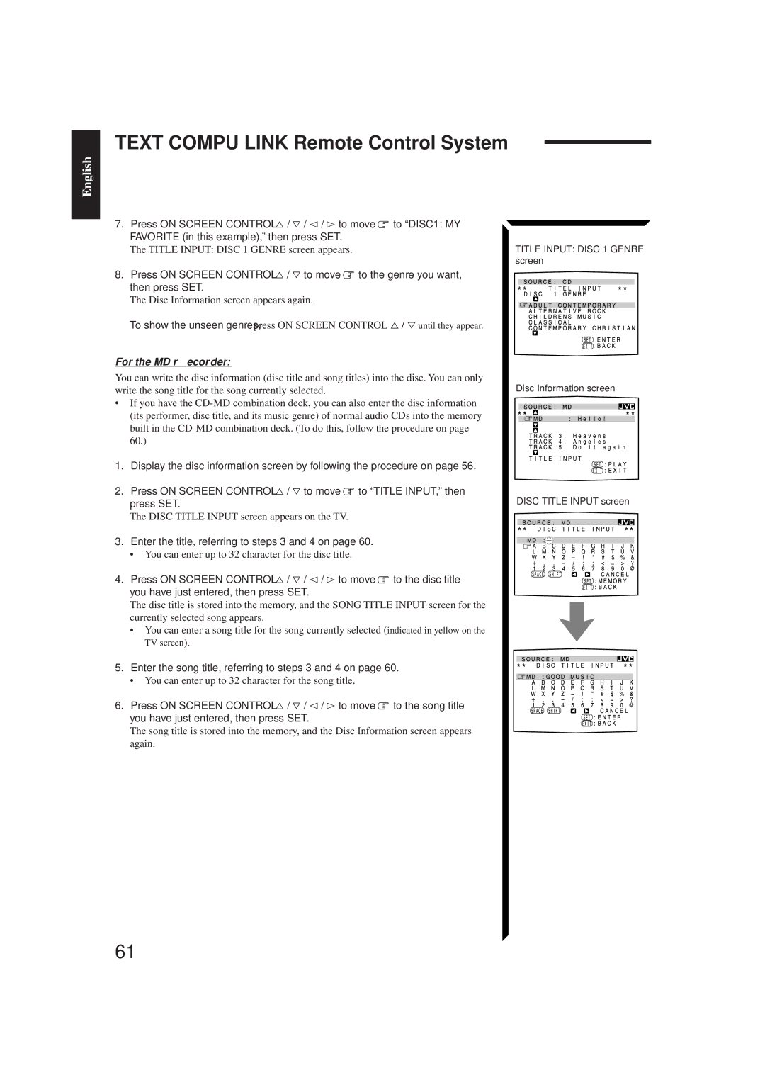 JVC RX-774PBK, LVT0014-001A, RM-SR774XU manual For the MD recorder, Enter the title, referring to steps 3 and 4 on 