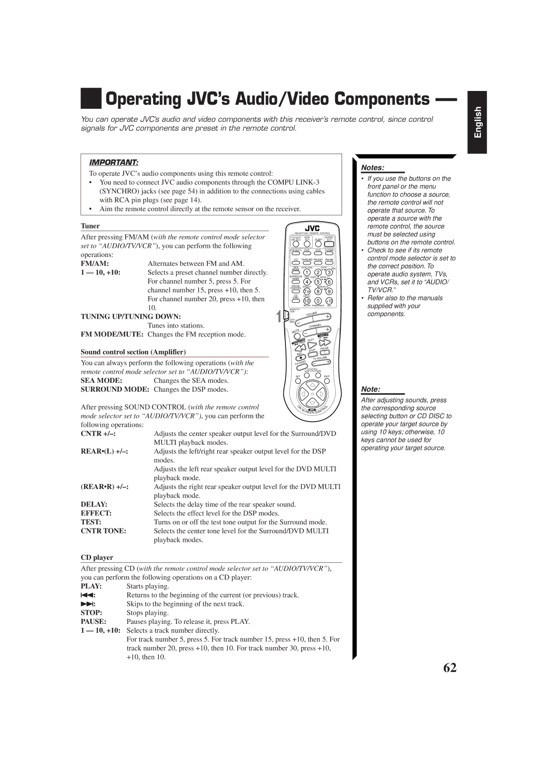 JVC RM-SR774XU, LVT0014-001A, RX-774PBK Operating JVC’s Audio/Video Components, Tuning UP/TUNING Down, Play, Stop, Pause 