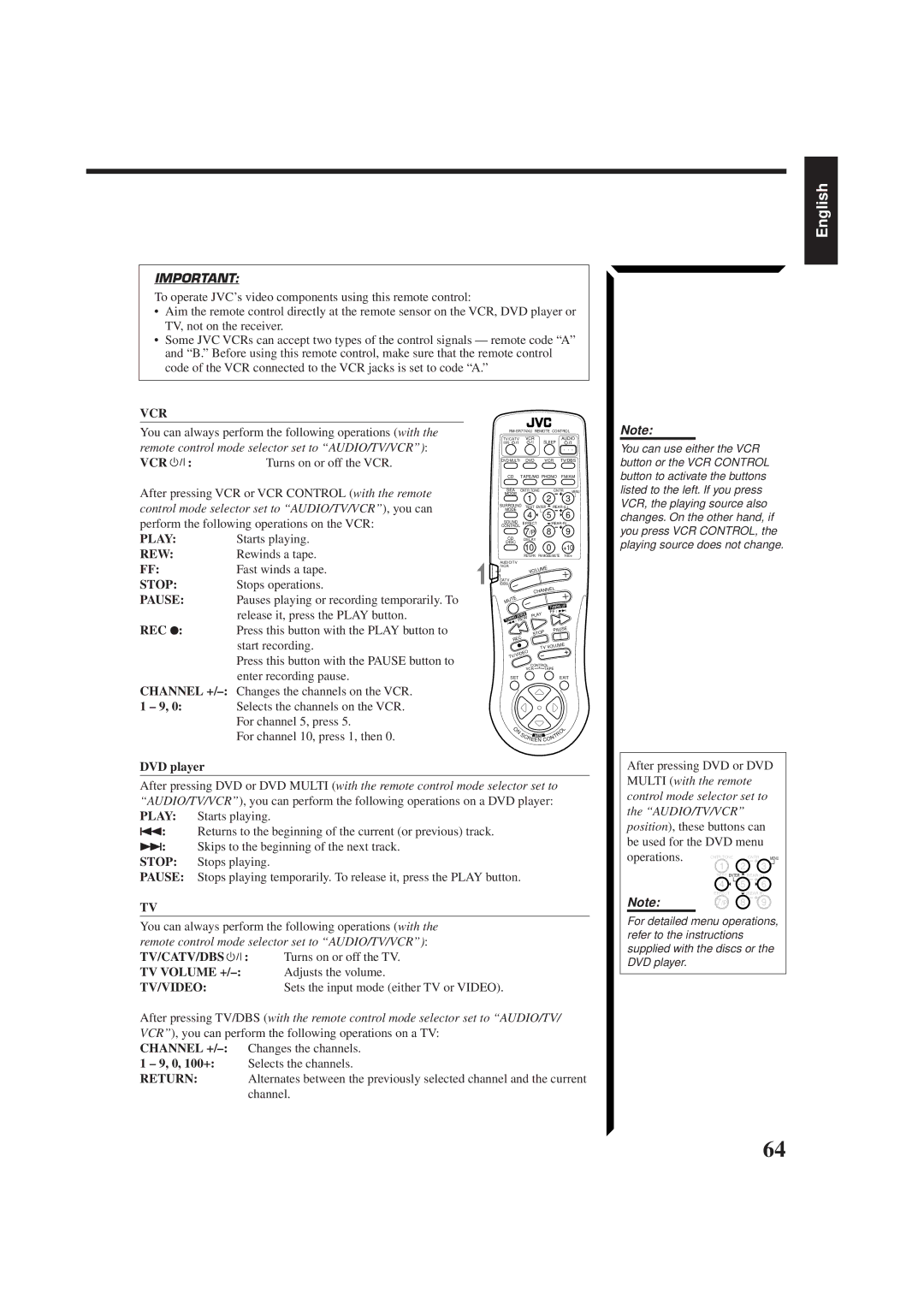 JVC RX-774PBK, LVT0014-001A, RM-SR774XU manual Vcr, Rew, Tv/Catv/Dbs, TV Volume +, Tv/Video, Channel +, Return 