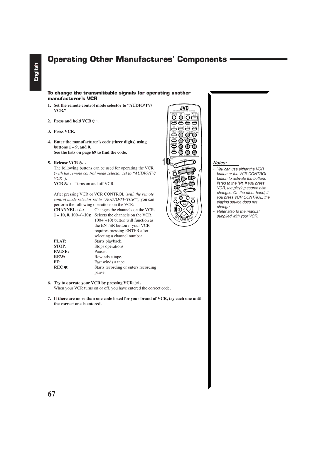 JVC RX-774PBK, LVT0014-001A, RM-SR774XU Operating Other Manufactures’ Components, Try to operate your VCR by pressing VCR 