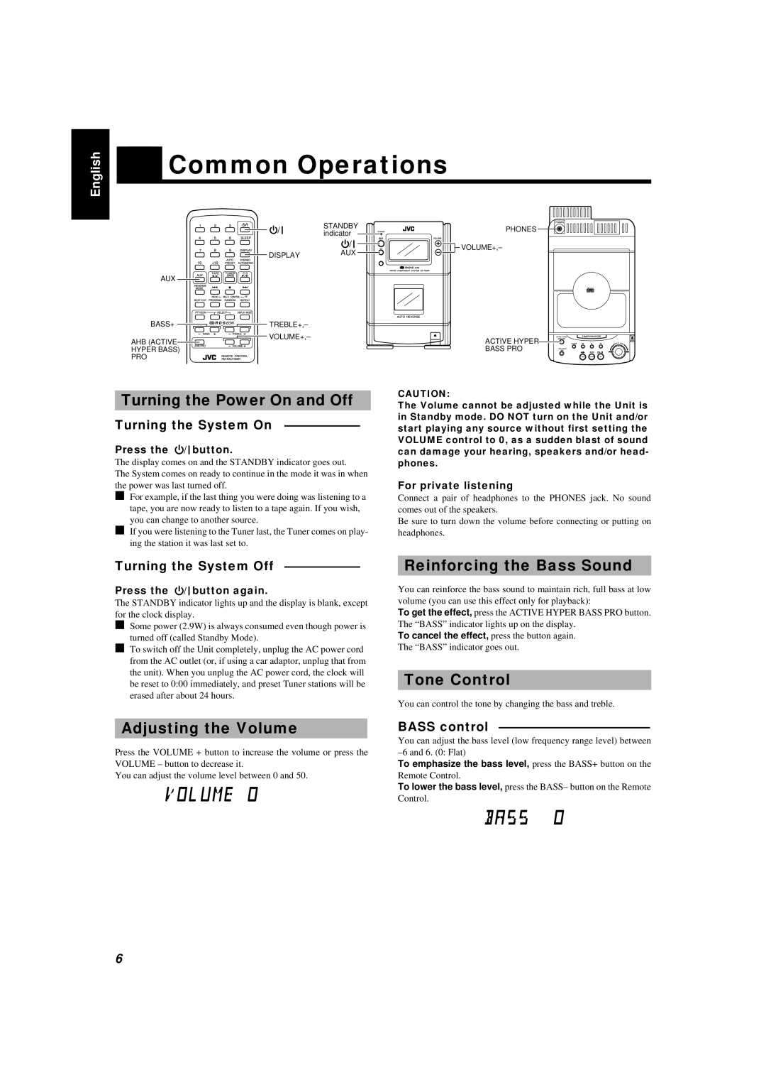 JVC LVT0027-005A, UX-T300R manual Common Operations, Turning the Power On and Off, Reinforcing the Bass Sound, Tone Control 