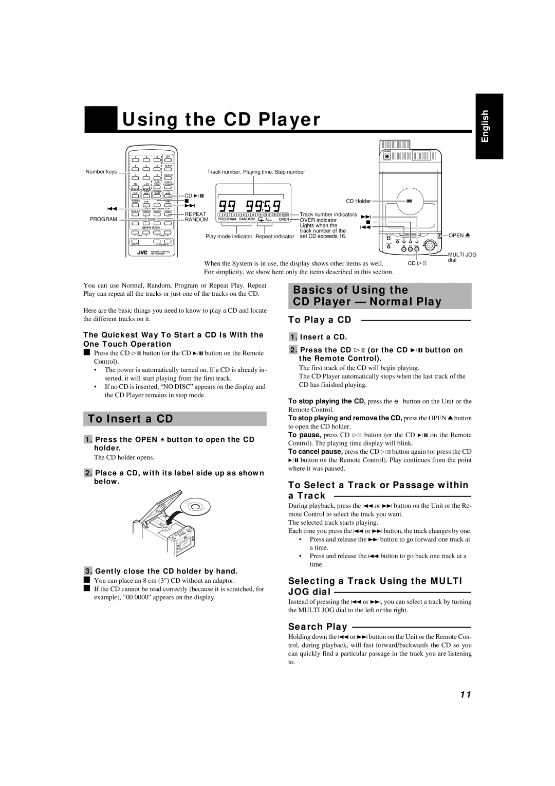 JVC UX-T300R, LVT0027-005A manual Using the CD Player, To Insert a CD, Basics of Using CD Player Normal Play 