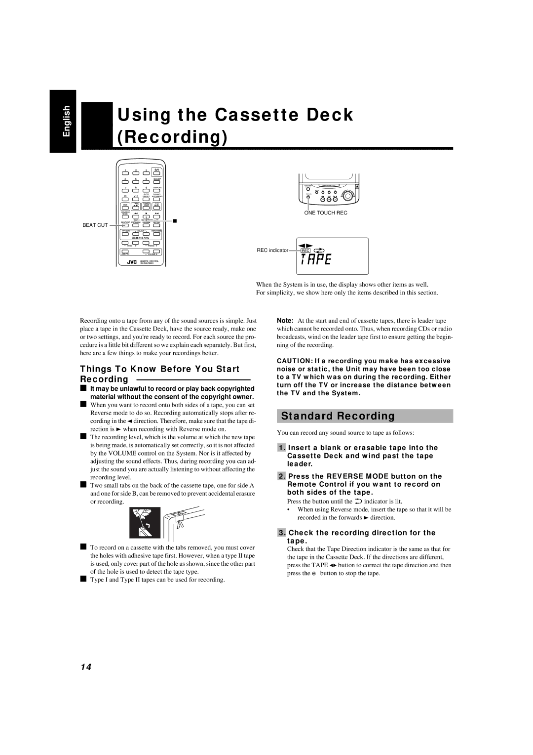 JVC LVT0027-005A manual Using the Cassette Deck Recording, Standard Recording, Things To Know Before You Start Recording 