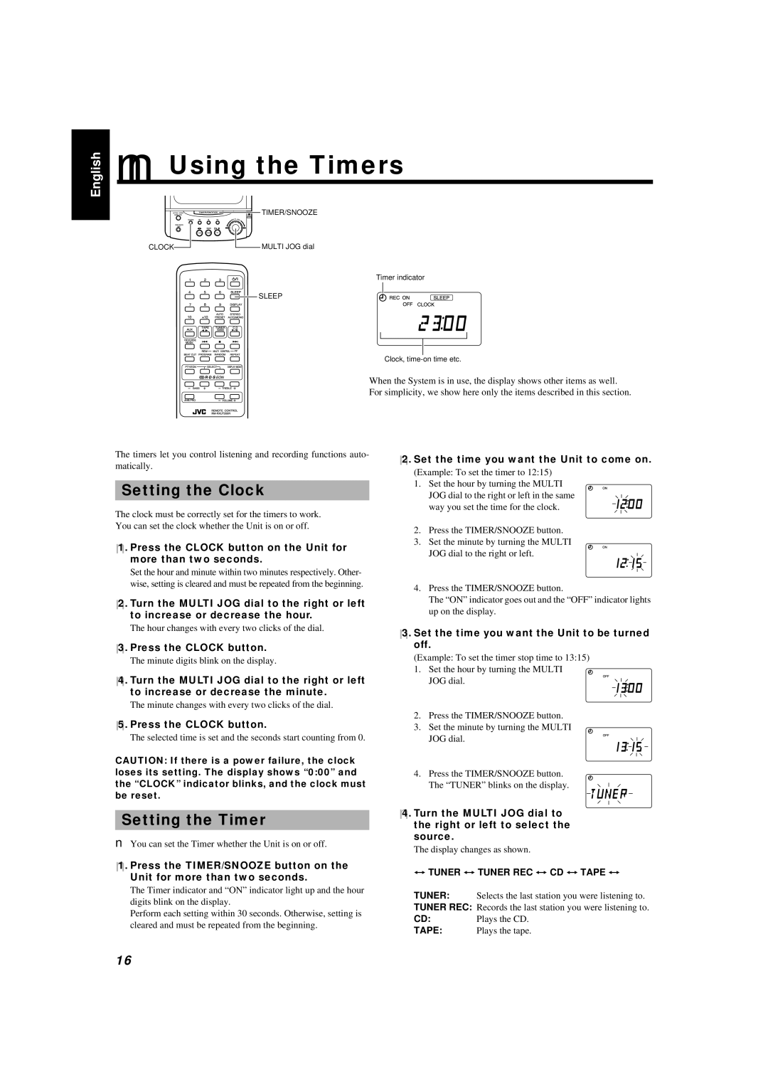 JVC LVT0027-005A, UX-T300R manual Using the Timers, Setting the Clock, Setting the Timer 