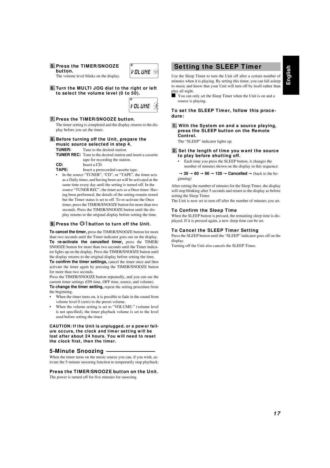 JVC UX-T300R, LVT0027-005A manual Setting the Sleep Timer, Minute Snoozing 