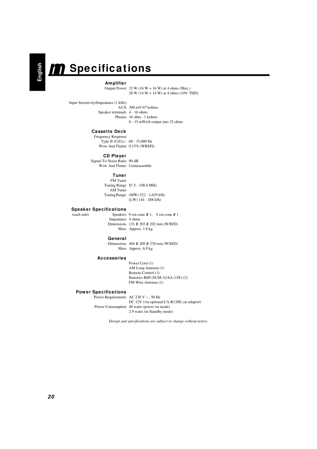 JVC LVT0027-005A, UX-T300R manual Specifications 