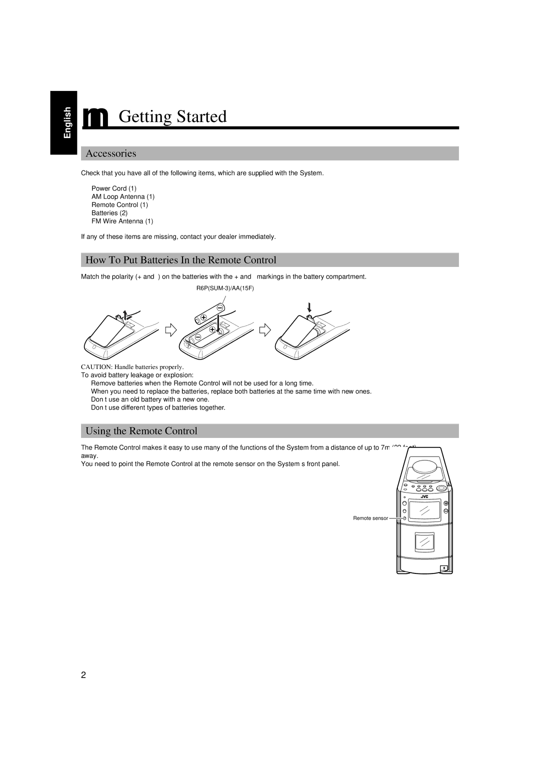 JVC LVT0027-005A manual Getting Started, Accessories, How To Put Batteries In the Remote Control, Using the Remote Control 