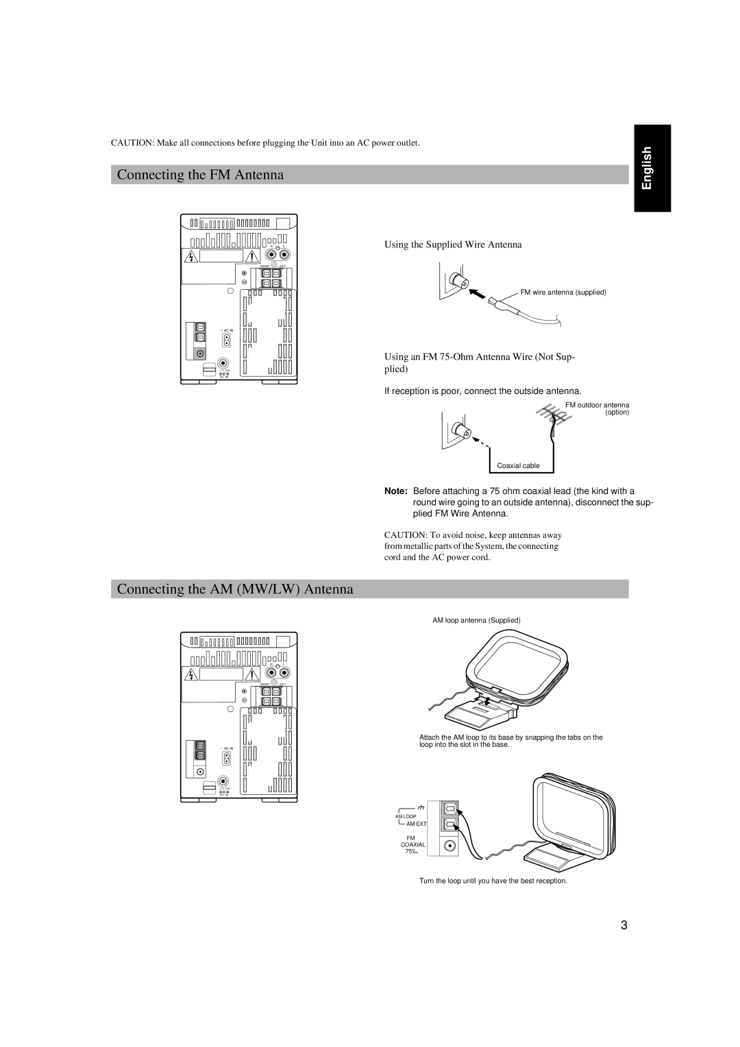 JVC UX-T300R, LVT0027-005A Connecting the FM Antenna, Connecting the AM MW/LW Antenna, Using the Supplied Wire Antenna 