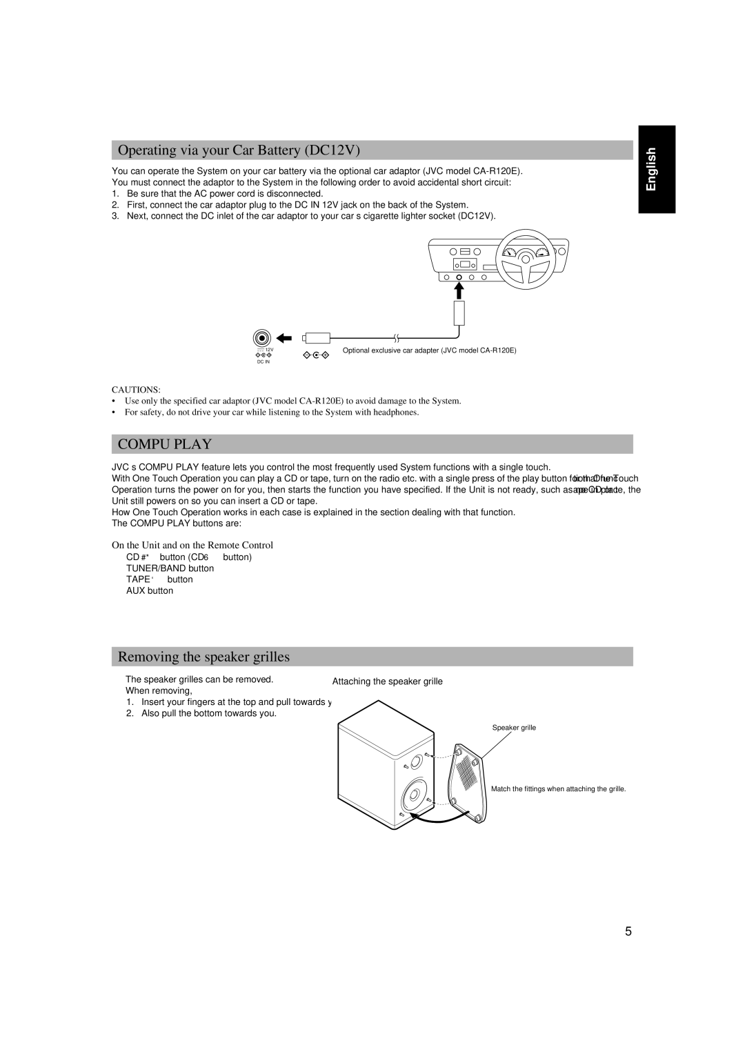 JVC UX-T300R Operating via your Car Battery DC12V, Removing the speaker grilles, On the Unit and on the Remote Control 