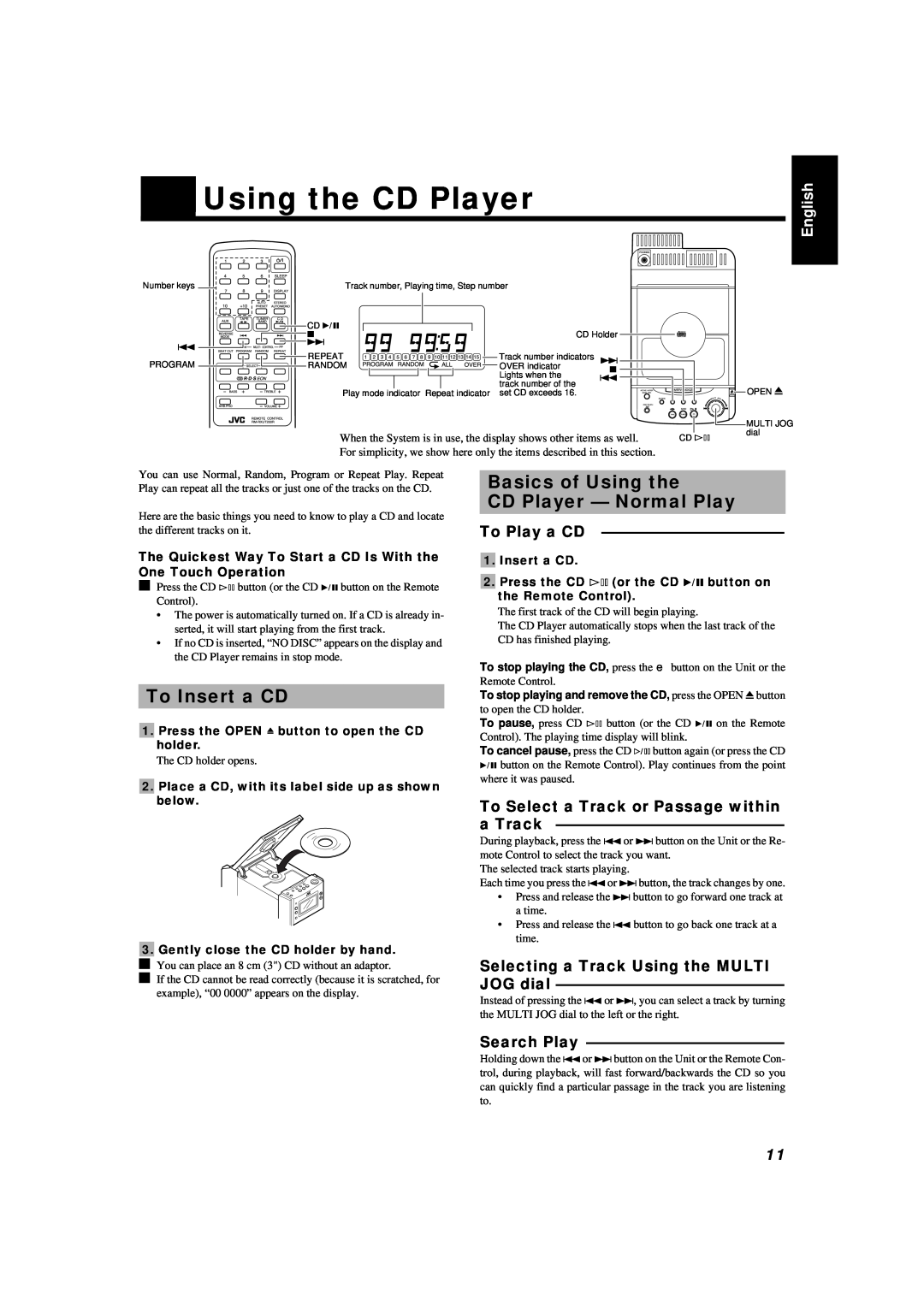 JVC UX-T300R manual To Insert a CD, Basics of Using the CD Player - Normal Play, To Play a CD, Search Play, English 