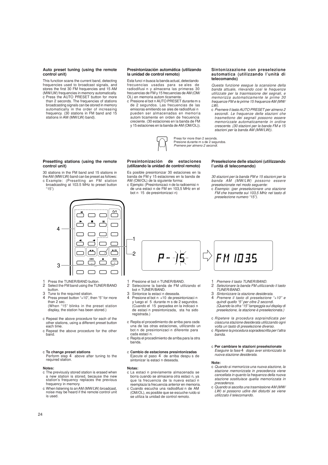 JVC LVT0059-001A manual Auto preset tuning using the remote control unit, Presetting stations using the remote control unit 