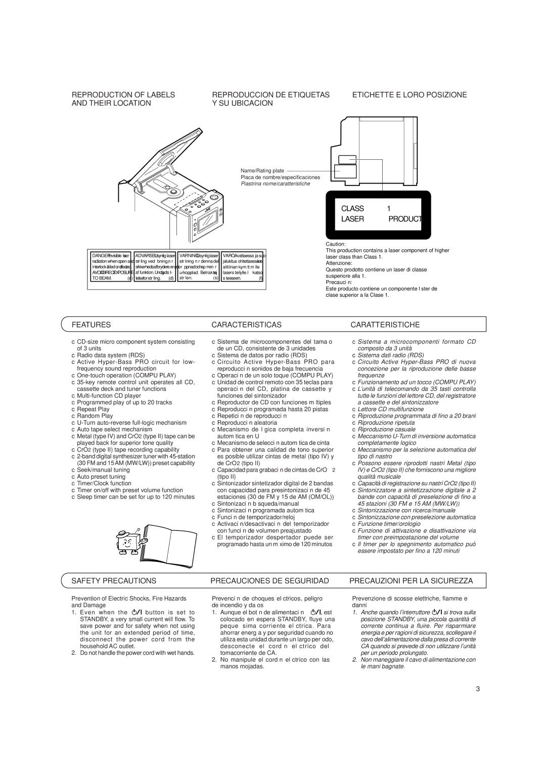 JVC UX-T250R, LVT0059-001A manual Features Caracteristicas Caratteristiche, Safety Precautions, Precauciones DE Seguridad 