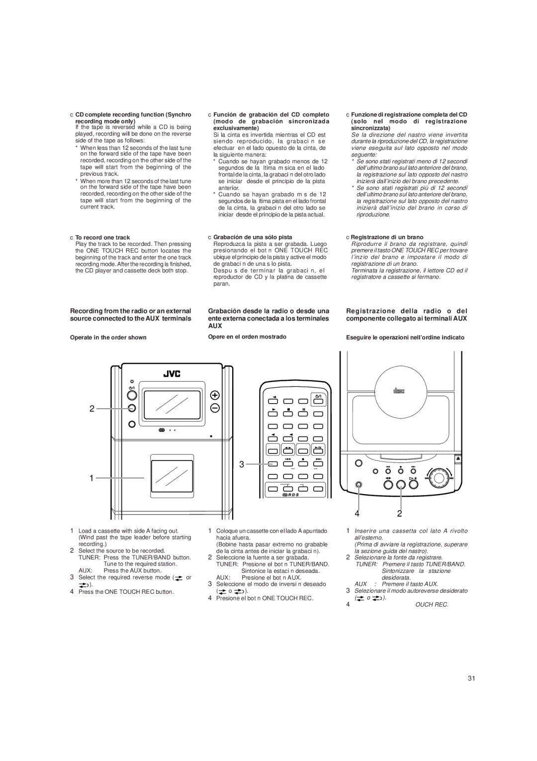 JVC UX-T250R CD complete recording function Synchro Recording mode only, To record one track, Grabación de una sólo pista 