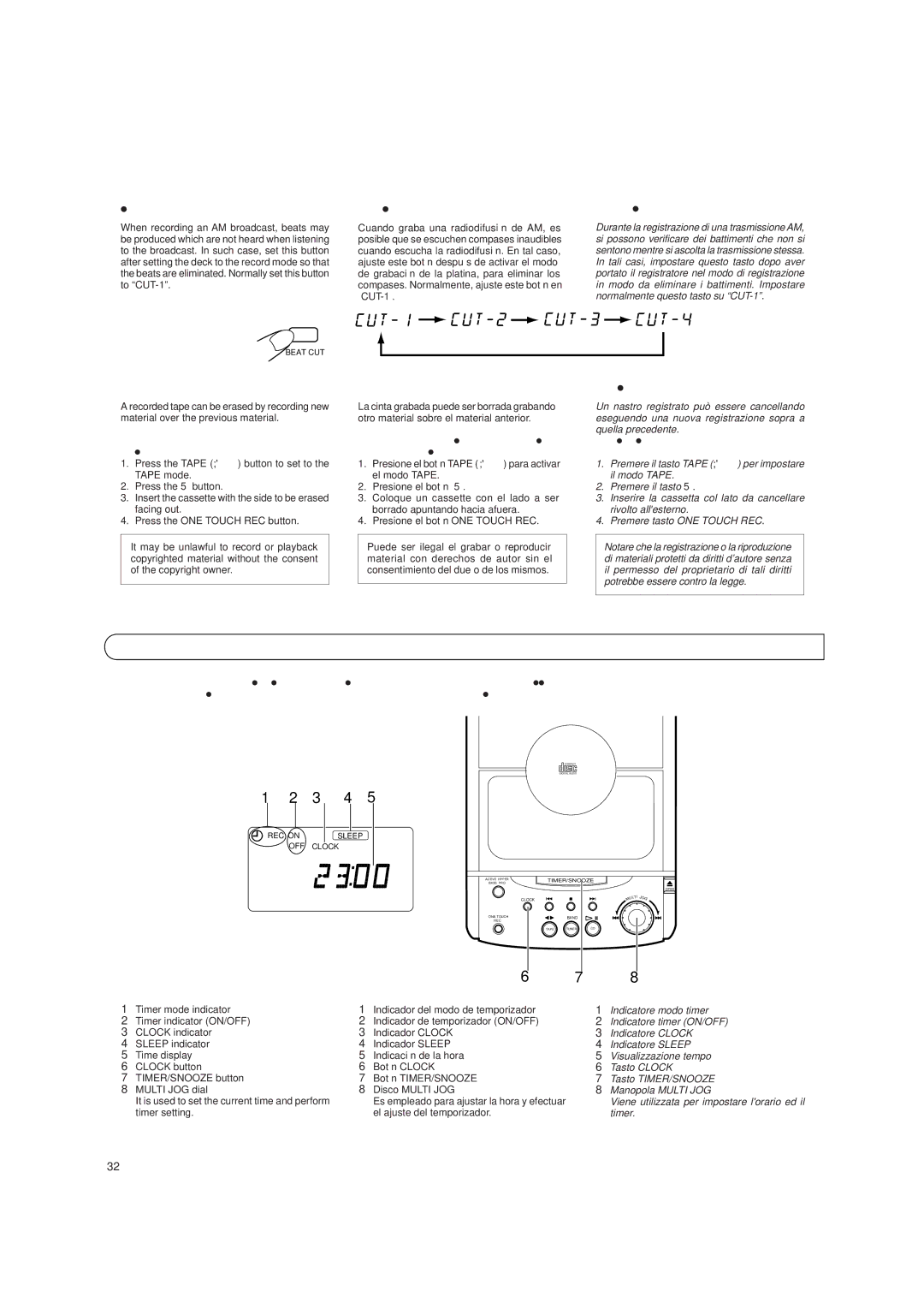 JVC LVT0059-001A, UX-T250R manual Clock Adjustment Ajuste DEL Reloj Regolazione Orologio 