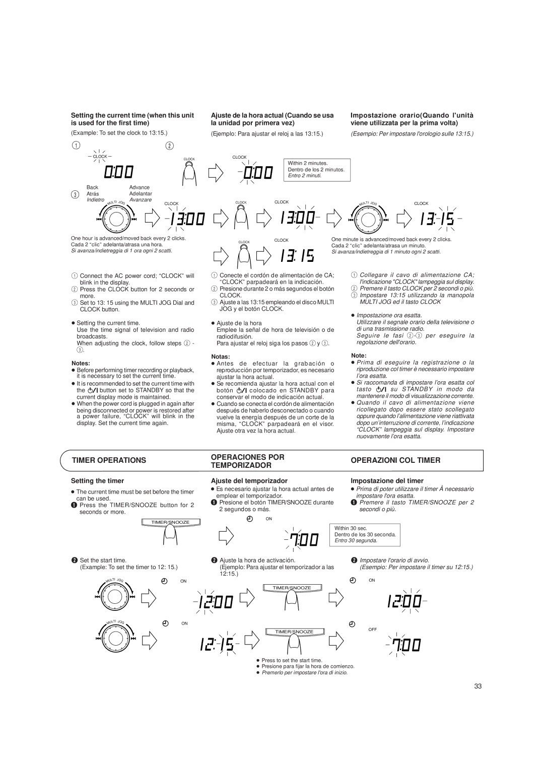 JVC UX-T250R, LVT0059-001A manual Timer Operations, Operaciones POR Temporizador, Operazioni COL Timer 